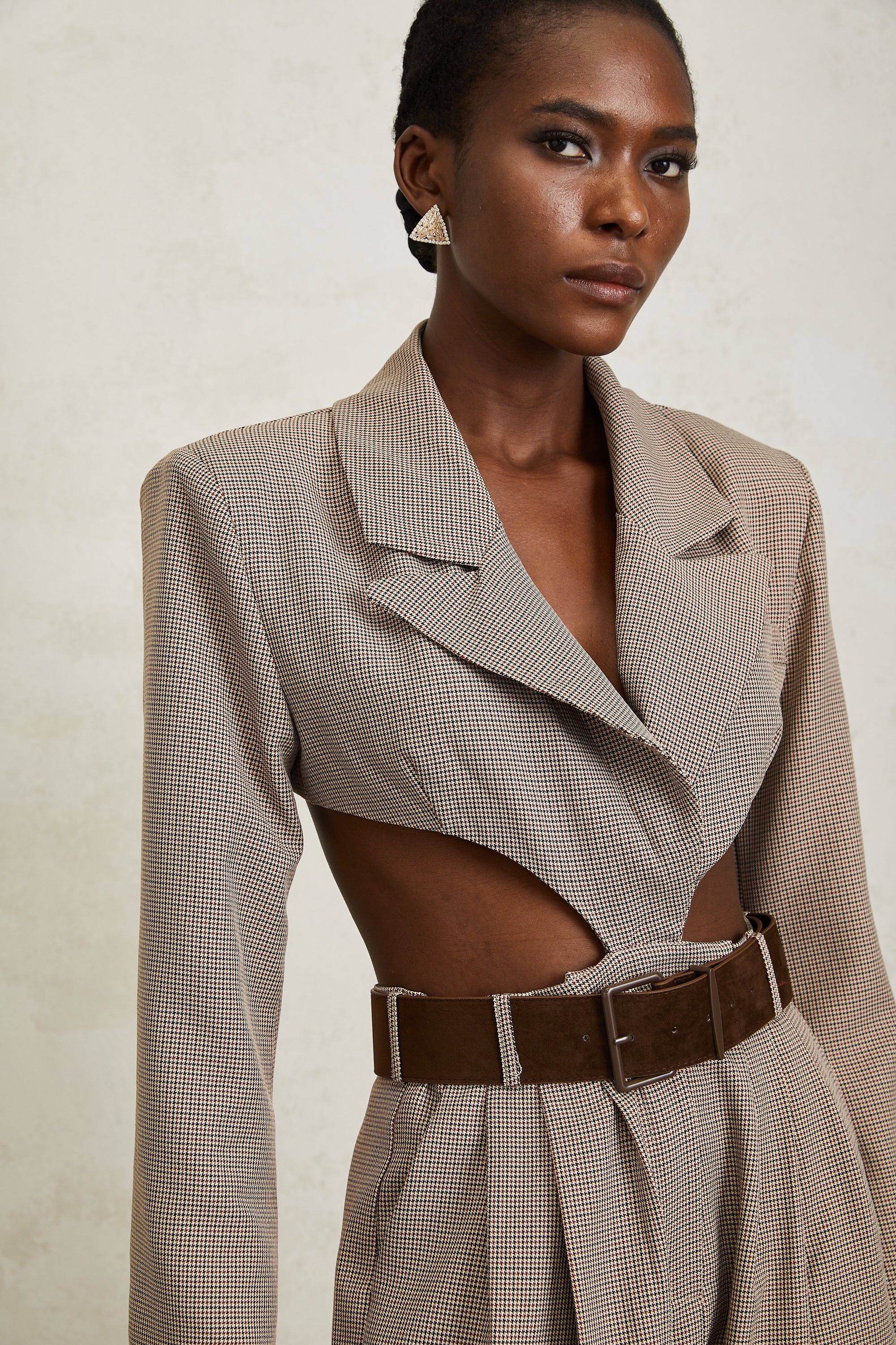 Cayetana Khaki Cut Out Houndstooth Jumpsuit