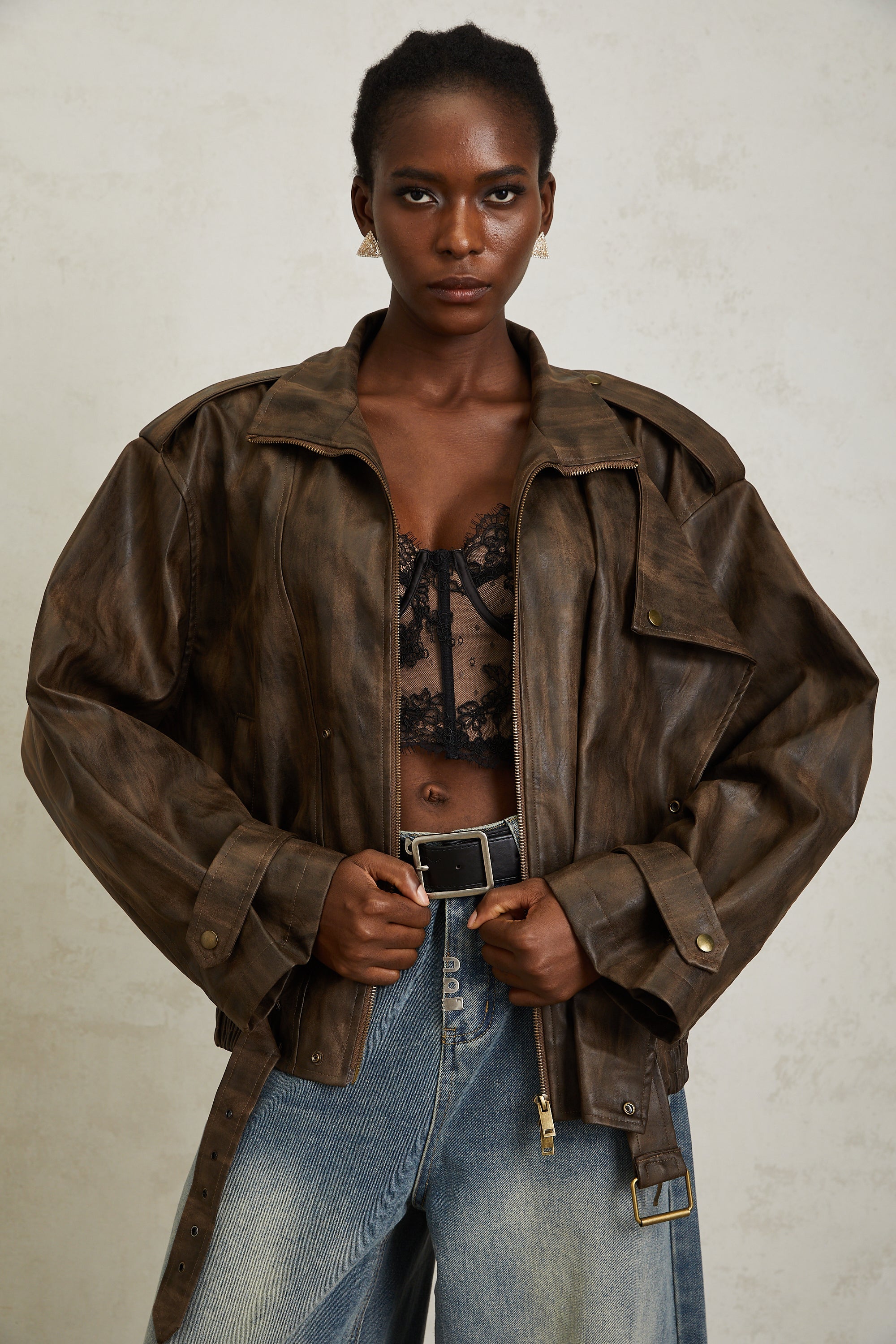 Manon Brown Tie-Dye Leather Biker Jacket (Final Sale-US Only)