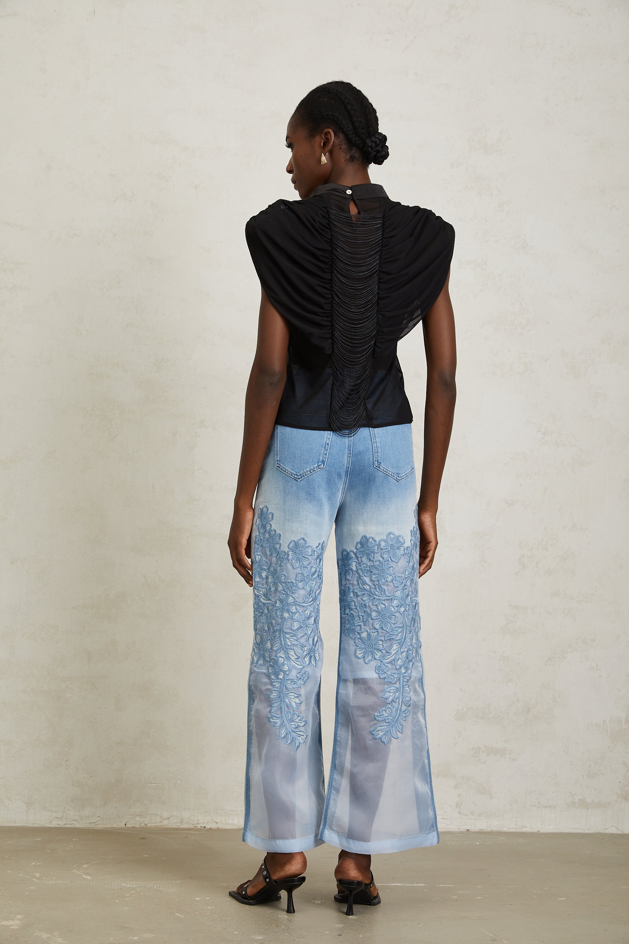 Zazie Black Fringed Ruched Tulle Top