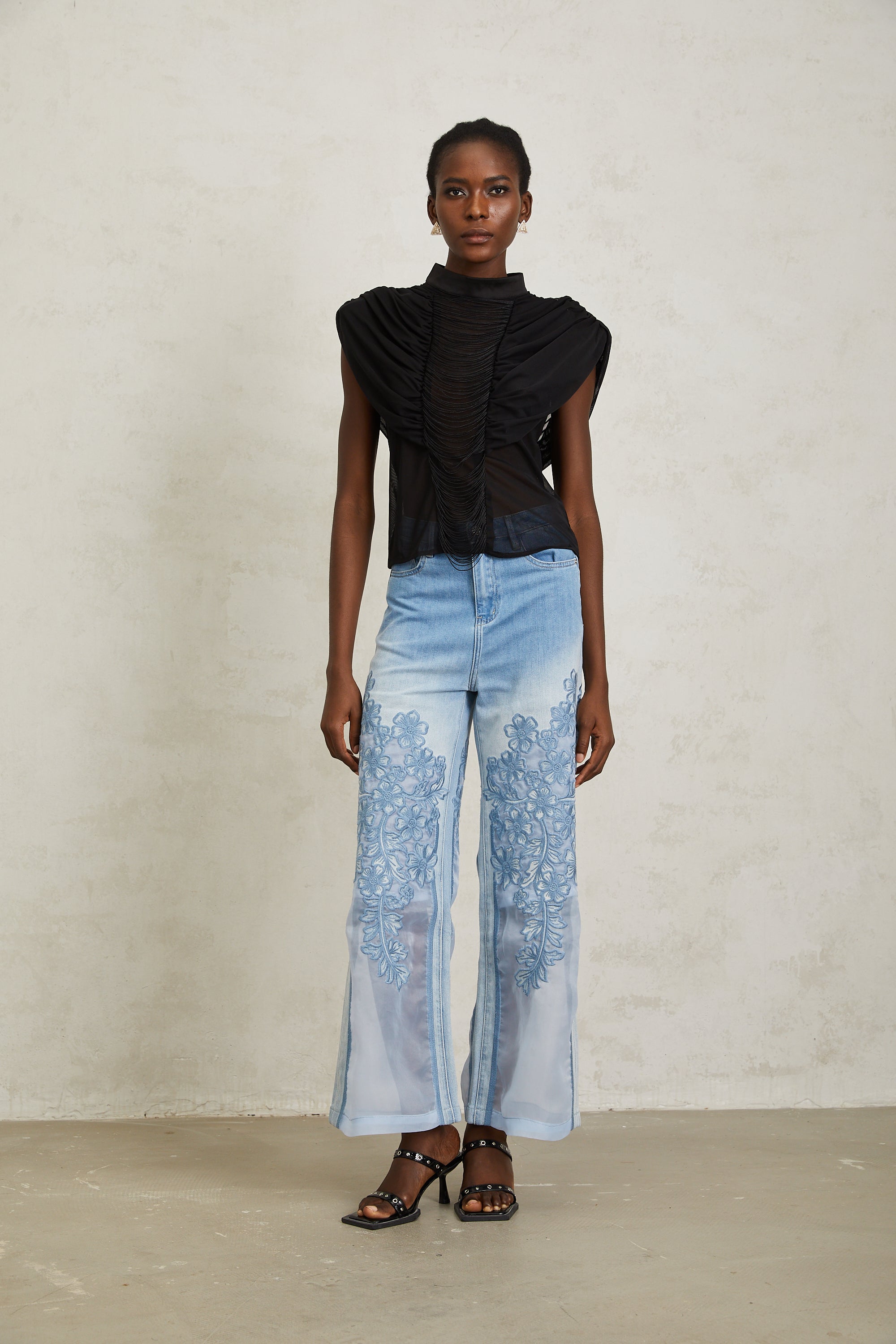 Zazie Black Fringed Ruched Tulle Top