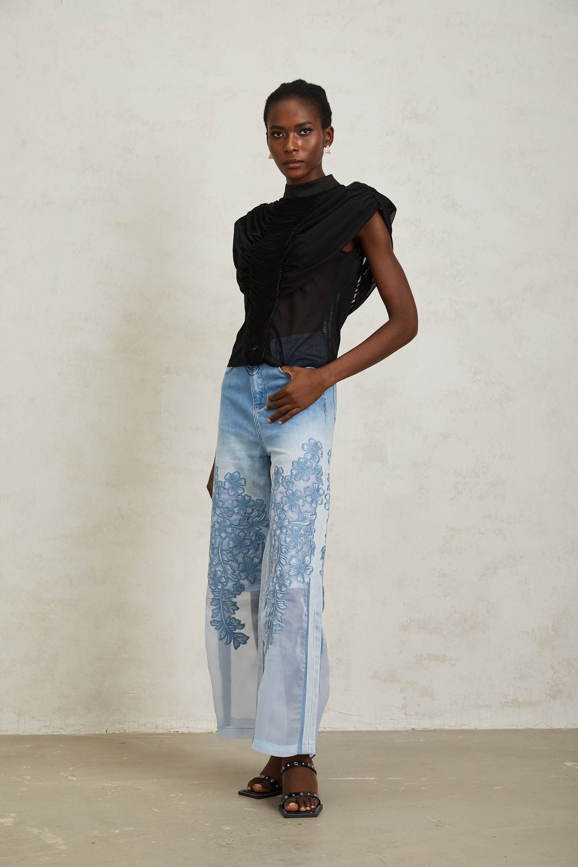 Zazie Black Fringed Ruched Tulle Top