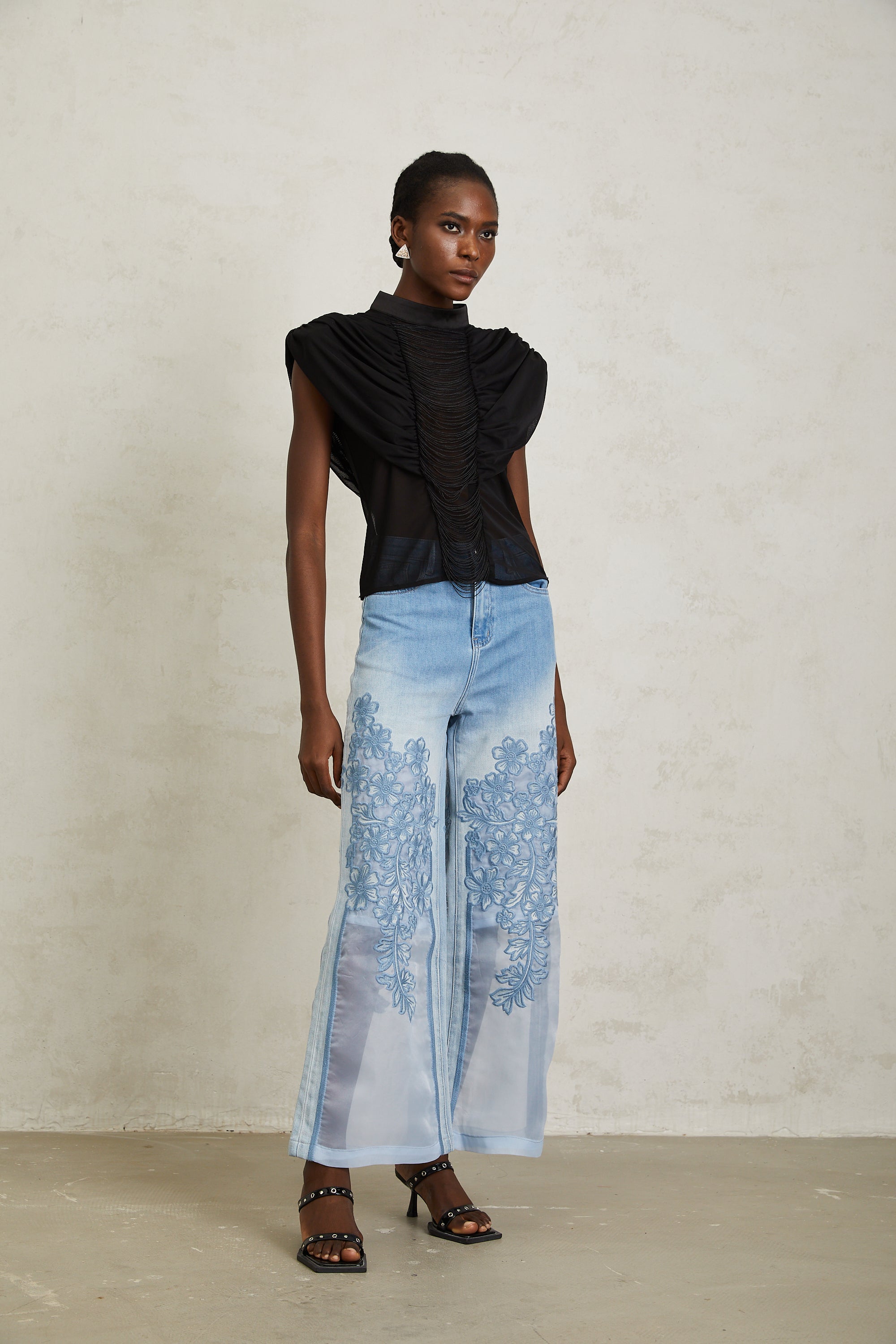Zazie Black Fringed Ruched Tulle Top