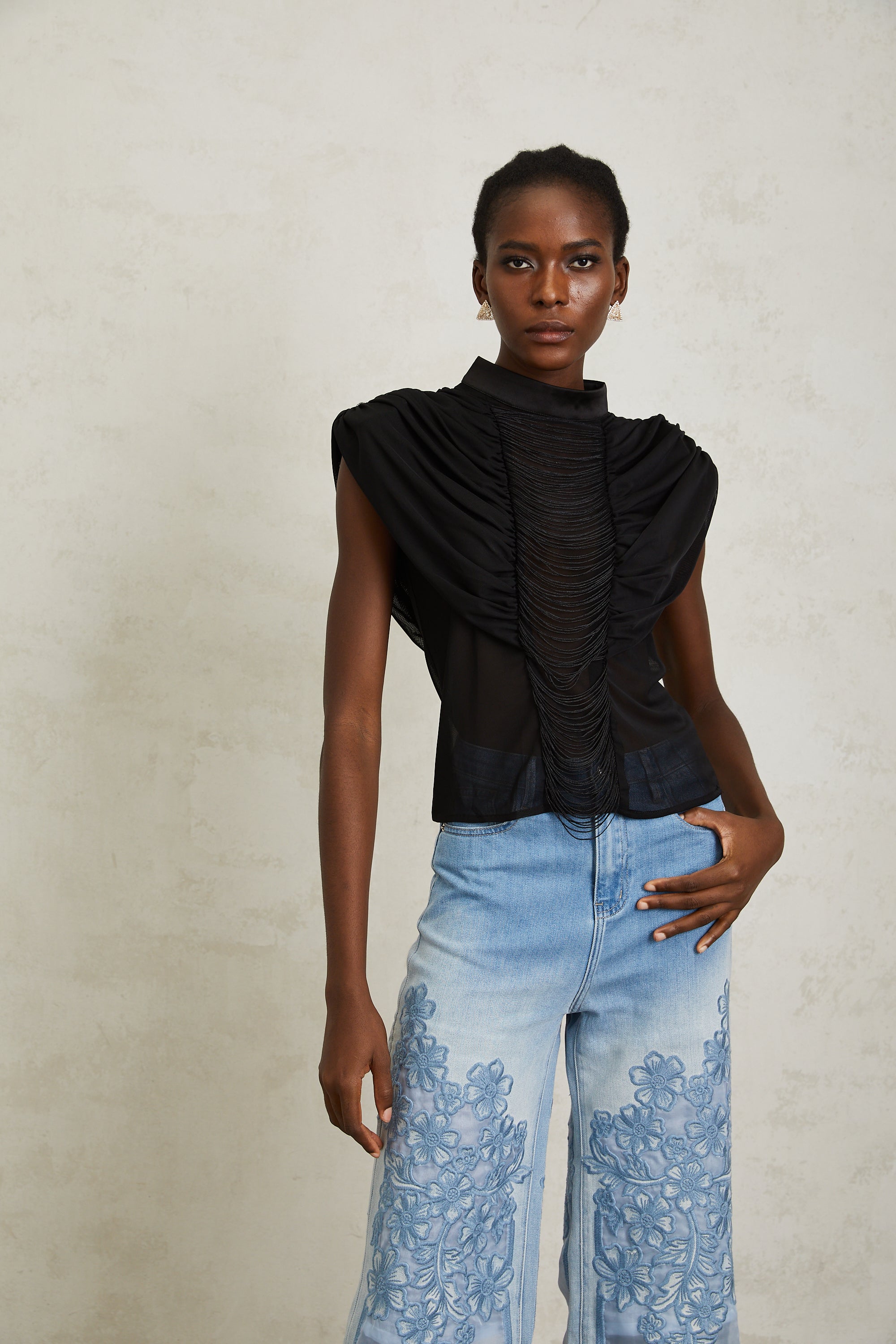 Zazie Black Fringed Ruched Tulle Top