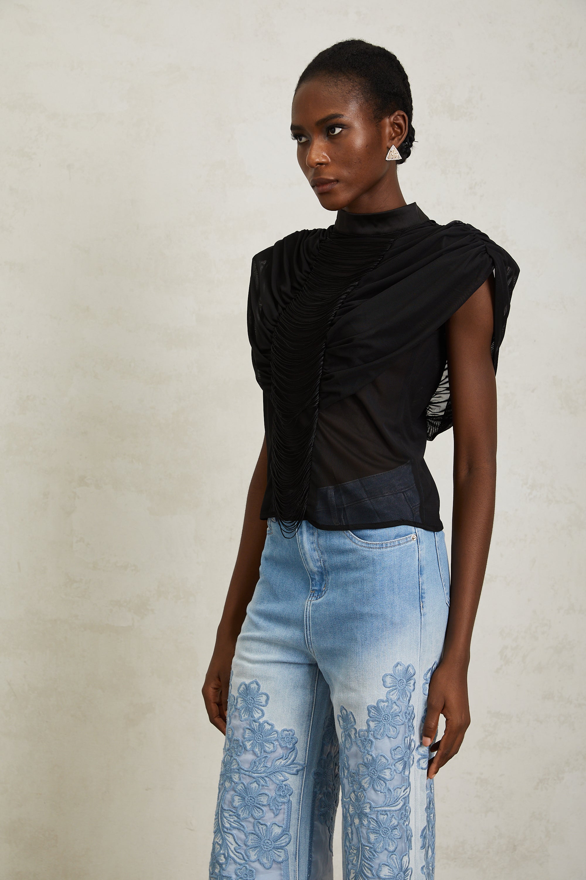 Zazie Black Fringed Ruched Tulle Top