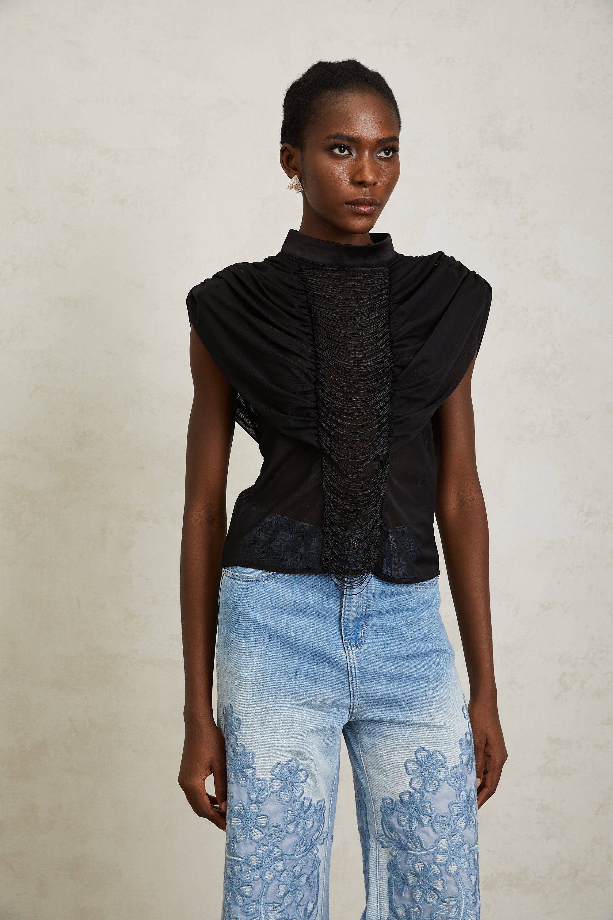 Zazie Black Fringed Ruched Tulle Top