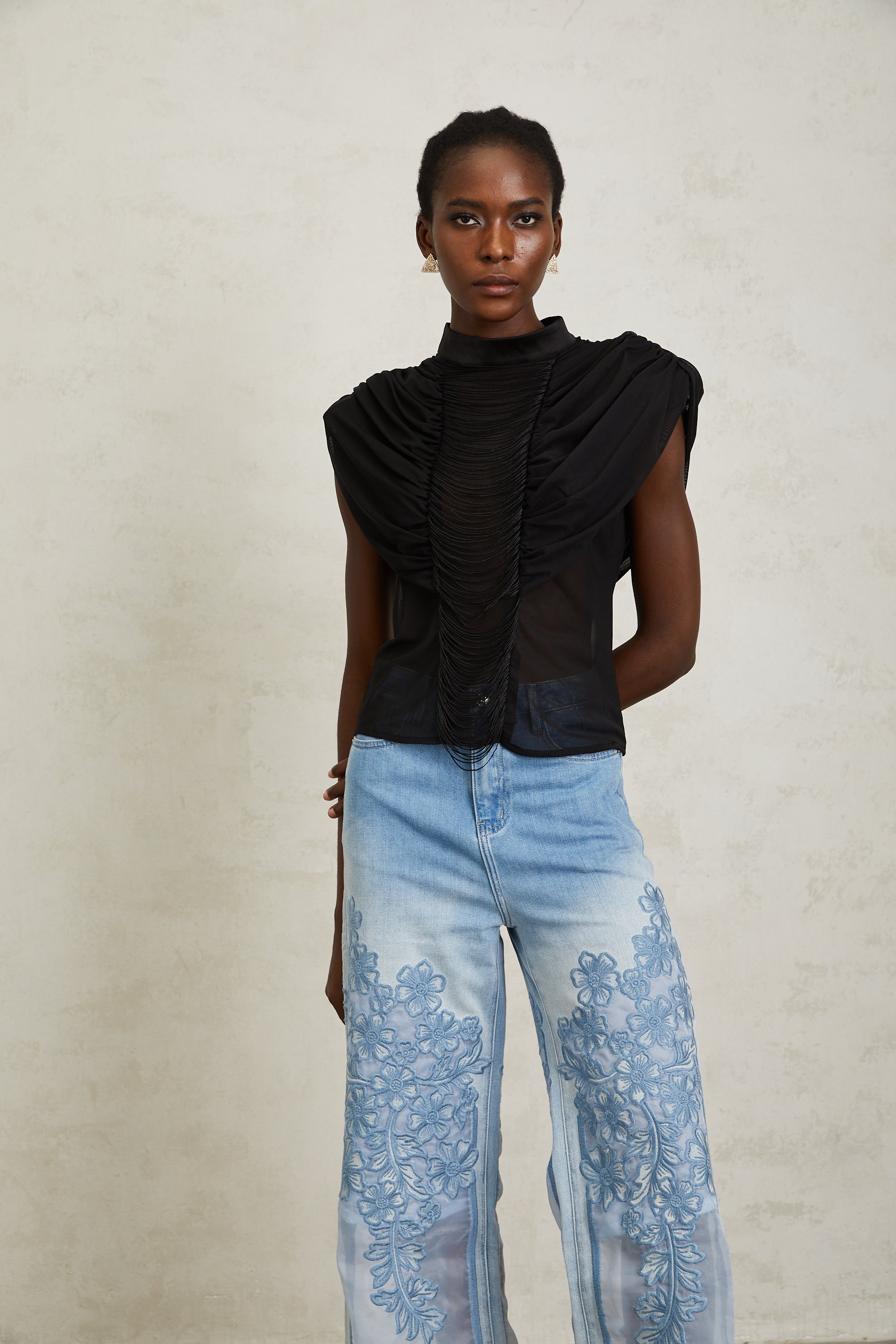Zazie Black Fringed Ruched Tulle Top