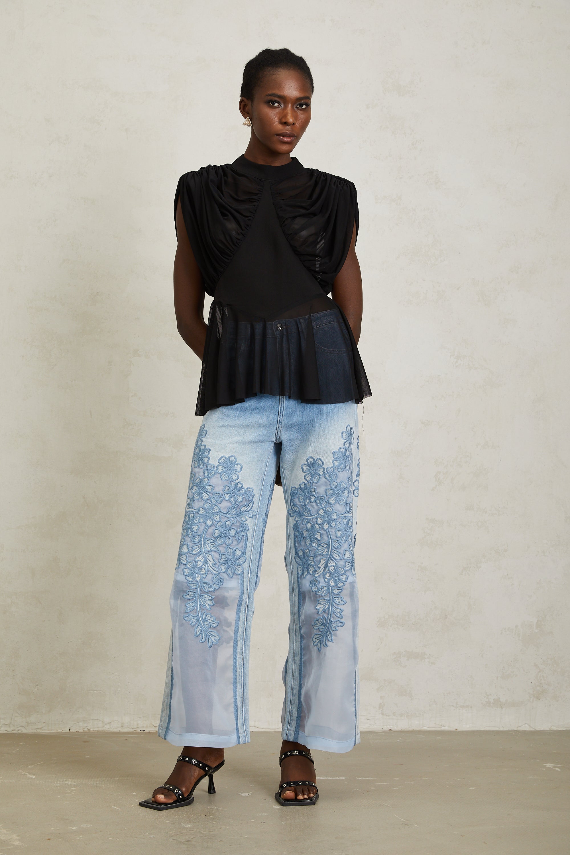 Aurore Black Ruched Mesh Top