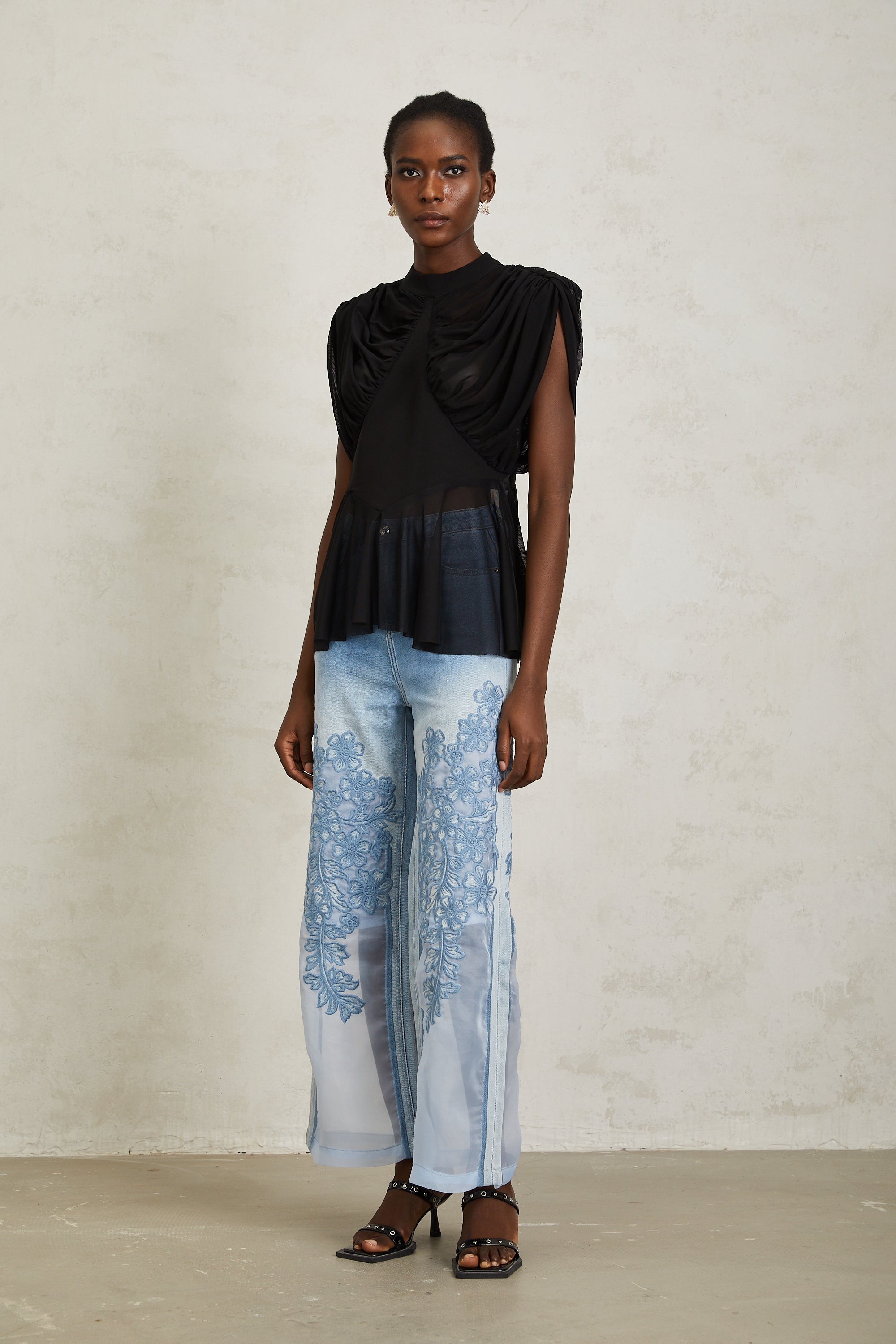 Aurore Black Ruched Mesh Top