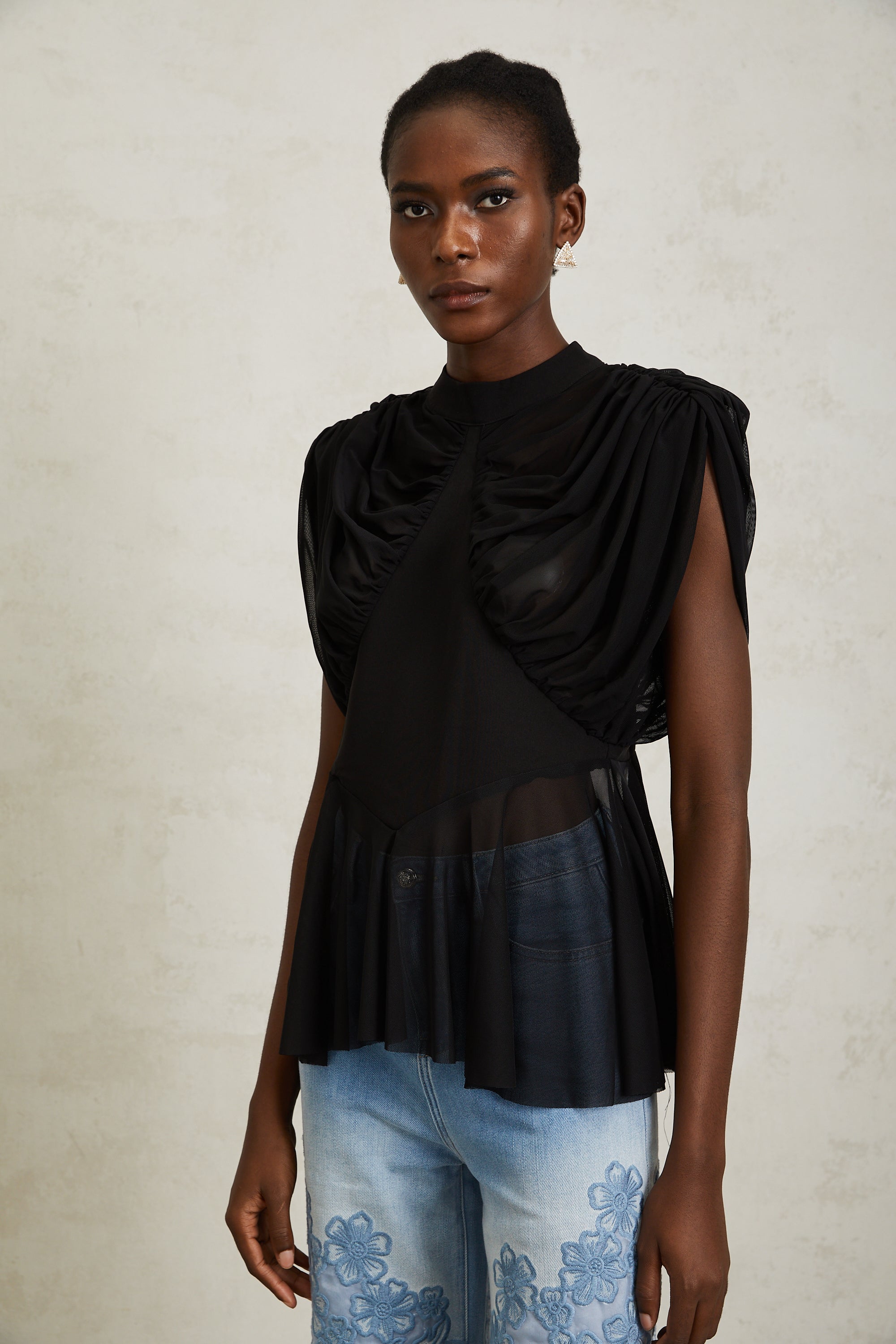 Aurore Black Ruched Mesh Top