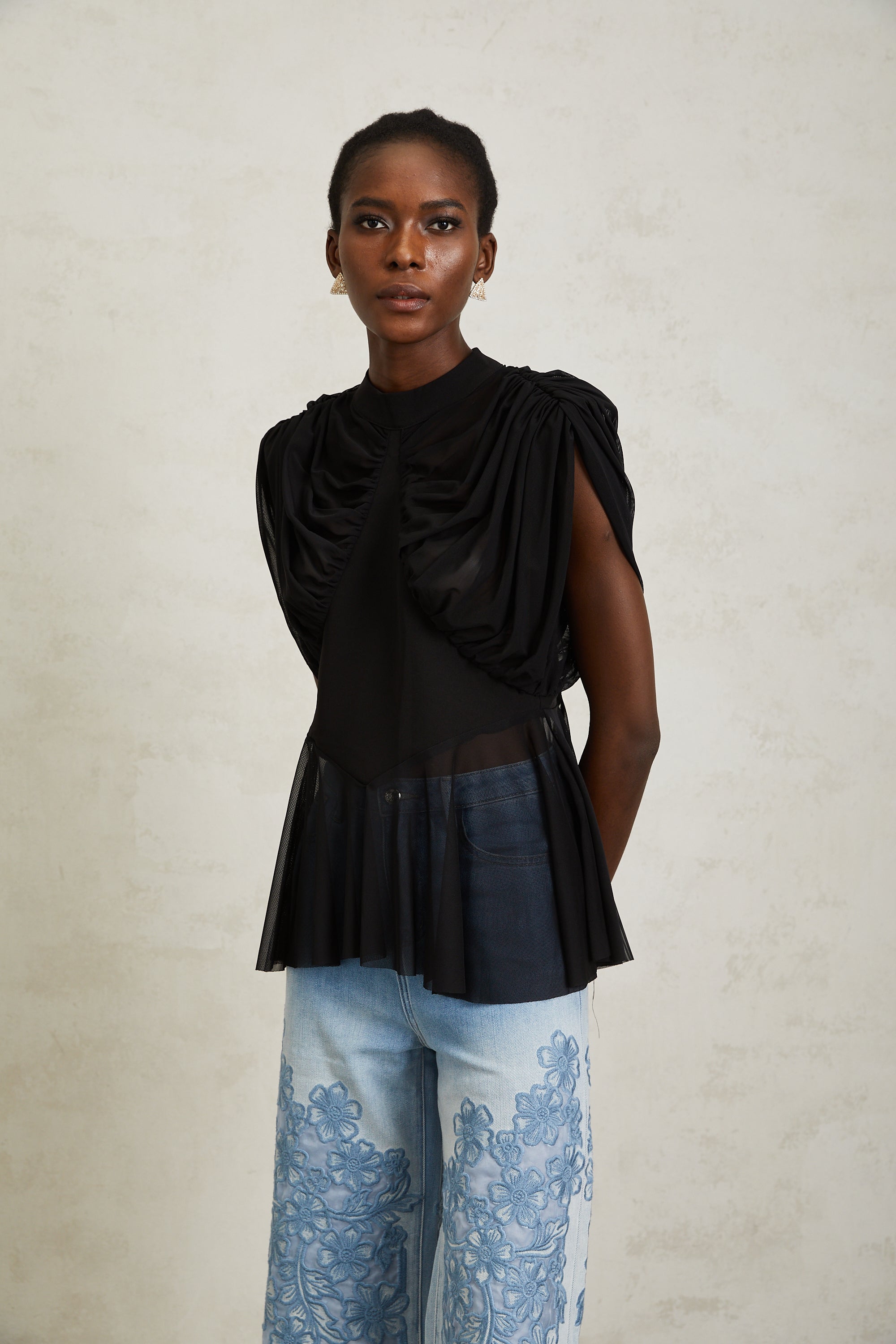 Aurore Black Ruched Mesh Top