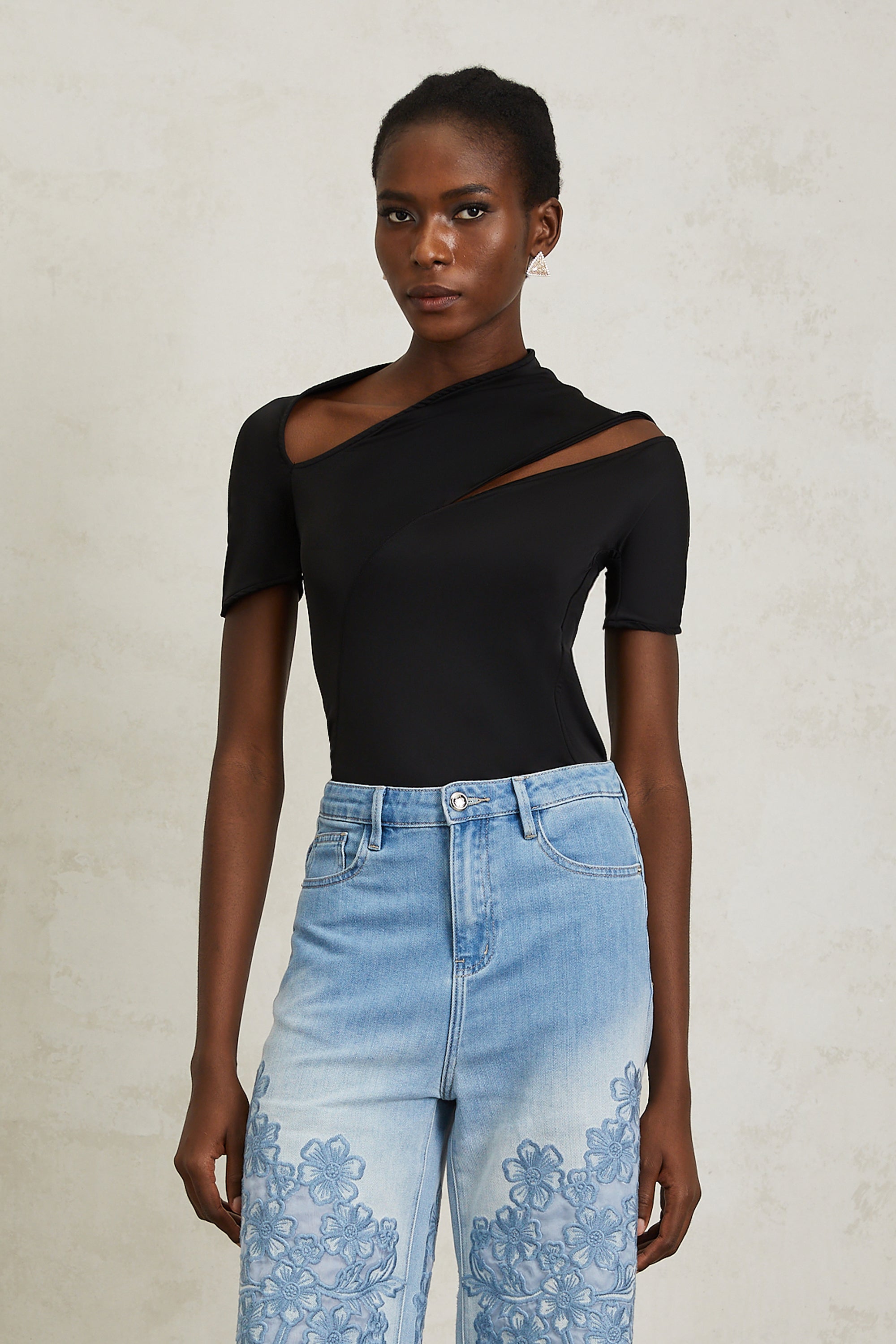 Carlota Black Asymmetrical Cut Out Bodysuit (Final Sale)
