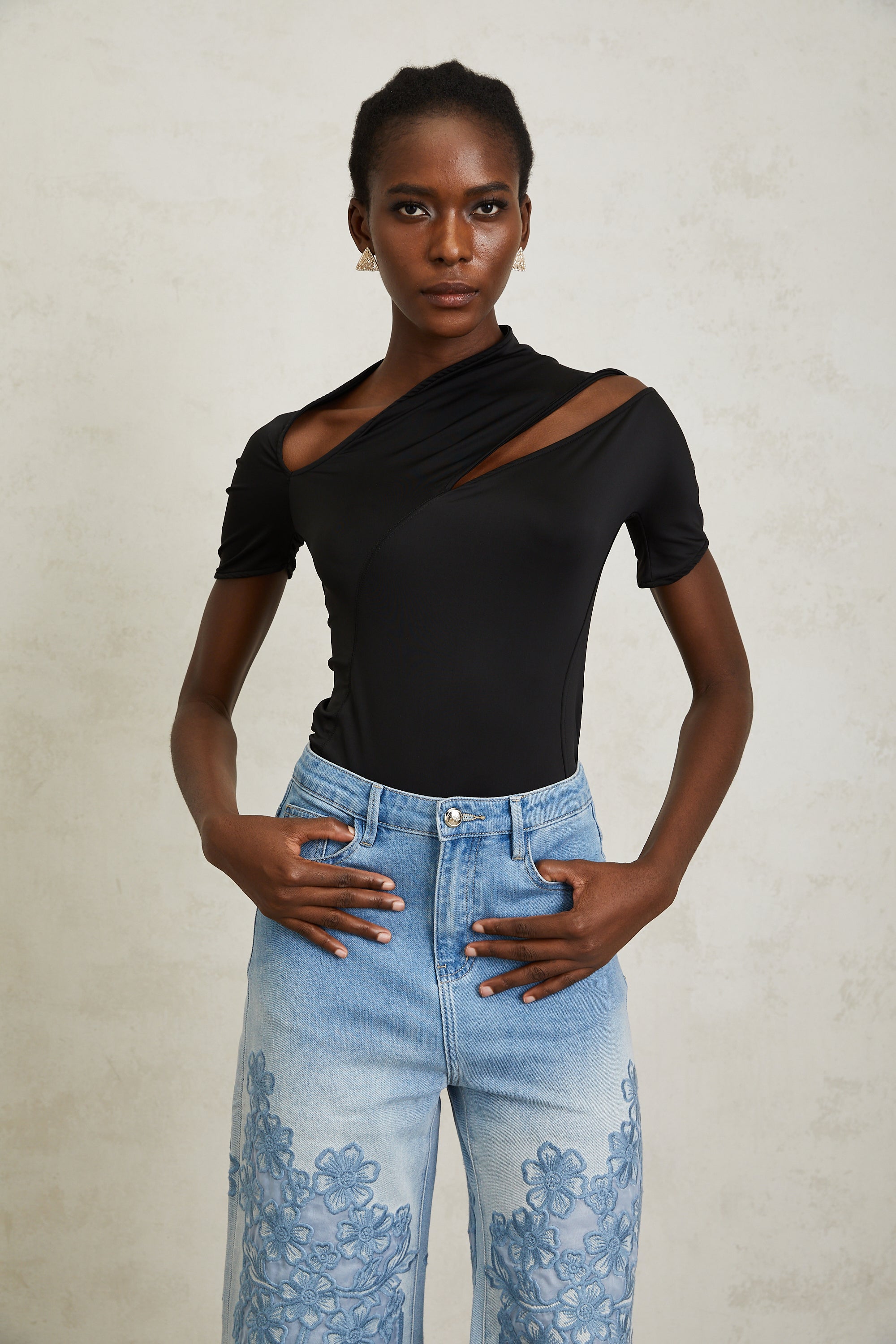Carlota Black Asymmetrical Cut Out Bodysuit (Final Sale)