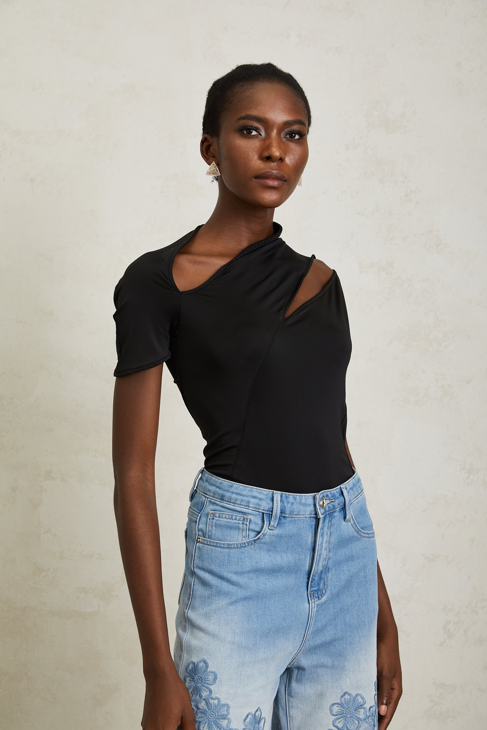 Carlota Black Asymmetrical Cut Out Bodysuit (Final Sale)