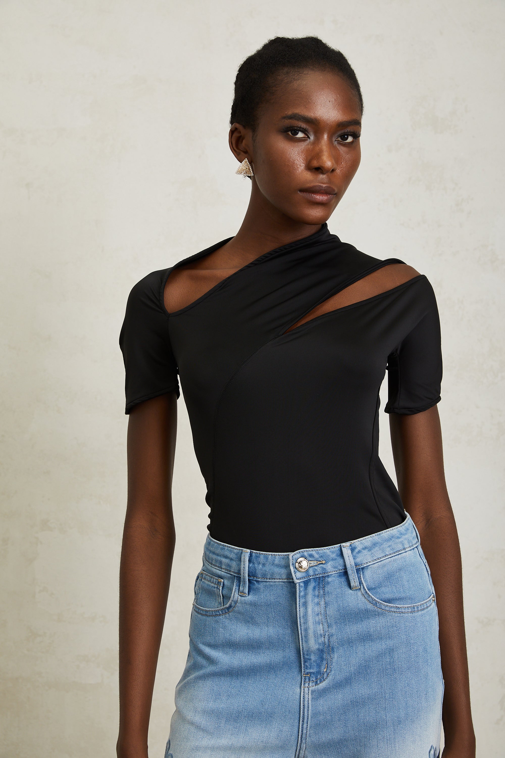 Carlota Black Asymmetrical Cut Out Bodysuit (Final Sale)