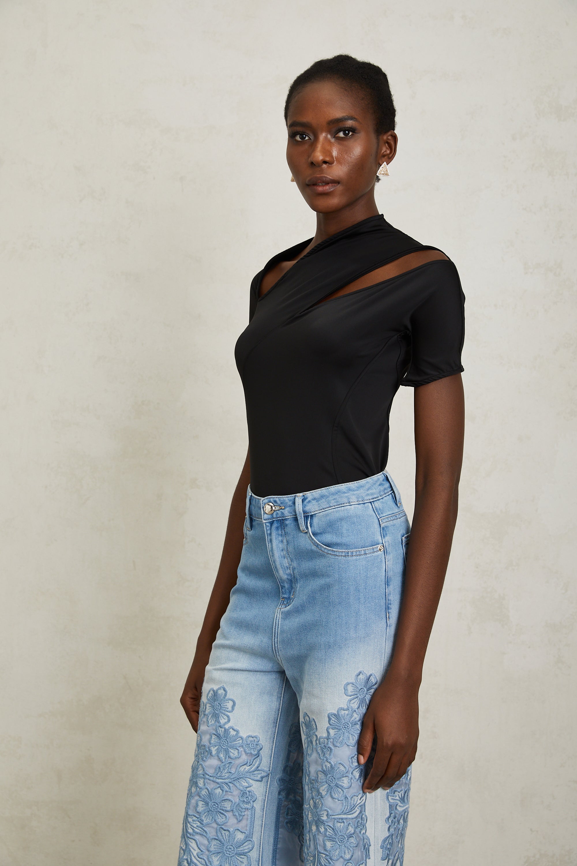 Carlota Black Asymmetrical Cut Out Bodysuit (Final Sale)