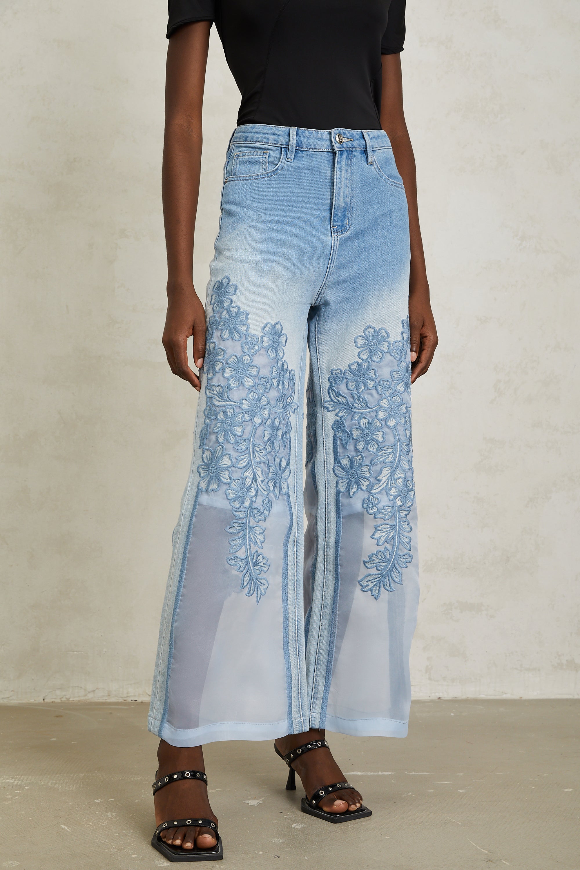 Inmaculada Blue Tulle Panel Floral Embroidered Jeans