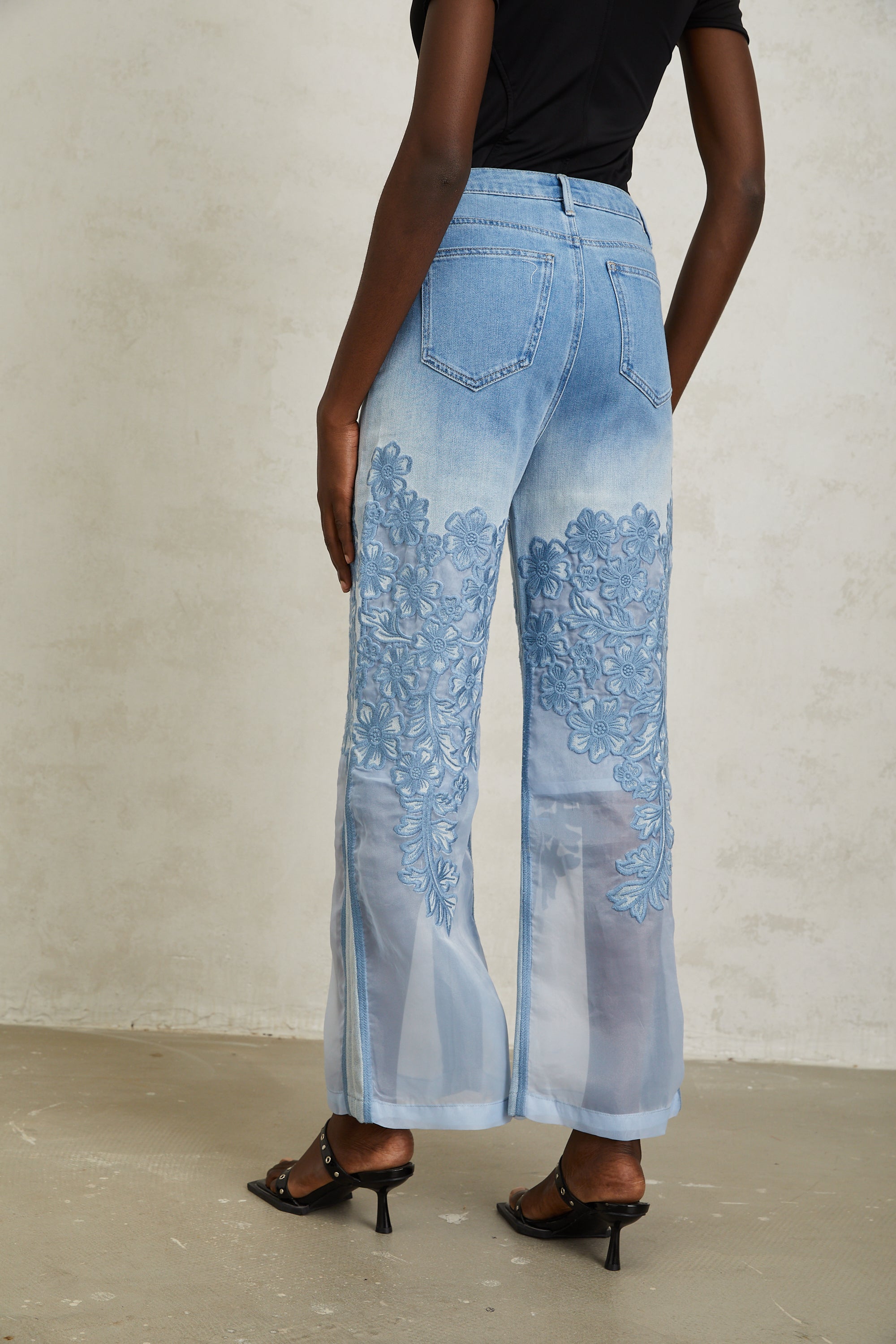 Inmaculada Blue Tulle Panel Floral Embroidered Jeans