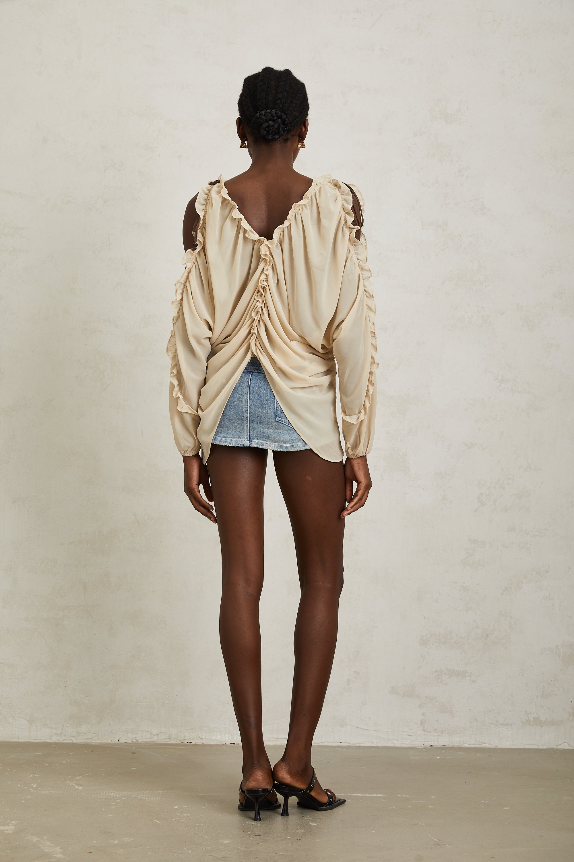Priscille Neutral Ruffled Trim Chiffon Blouse