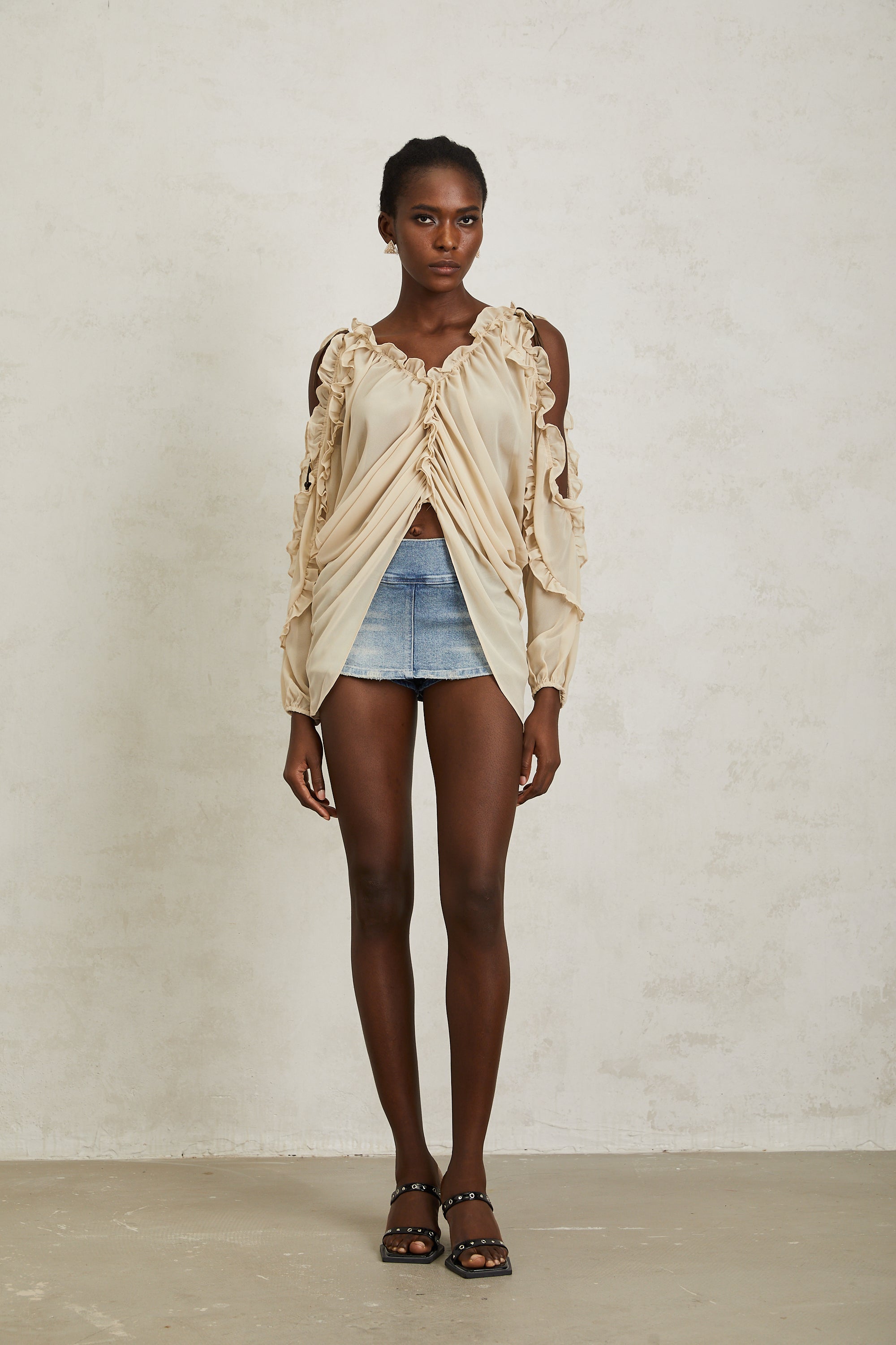 Priscille Neutral Ruffled Trim Chiffon Blouse