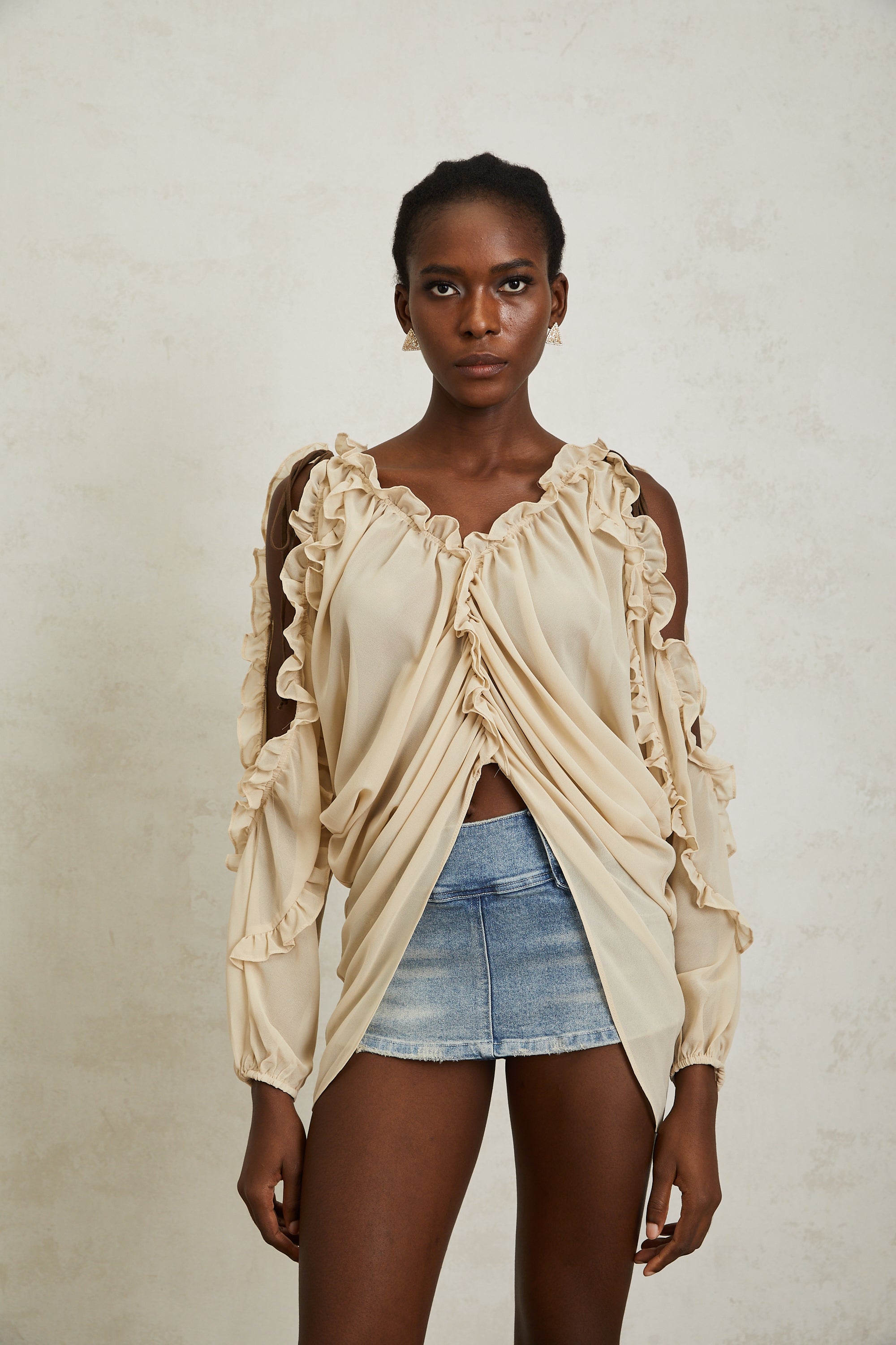 Priscille Neutral Ruffled Trim Chiffon Blouse