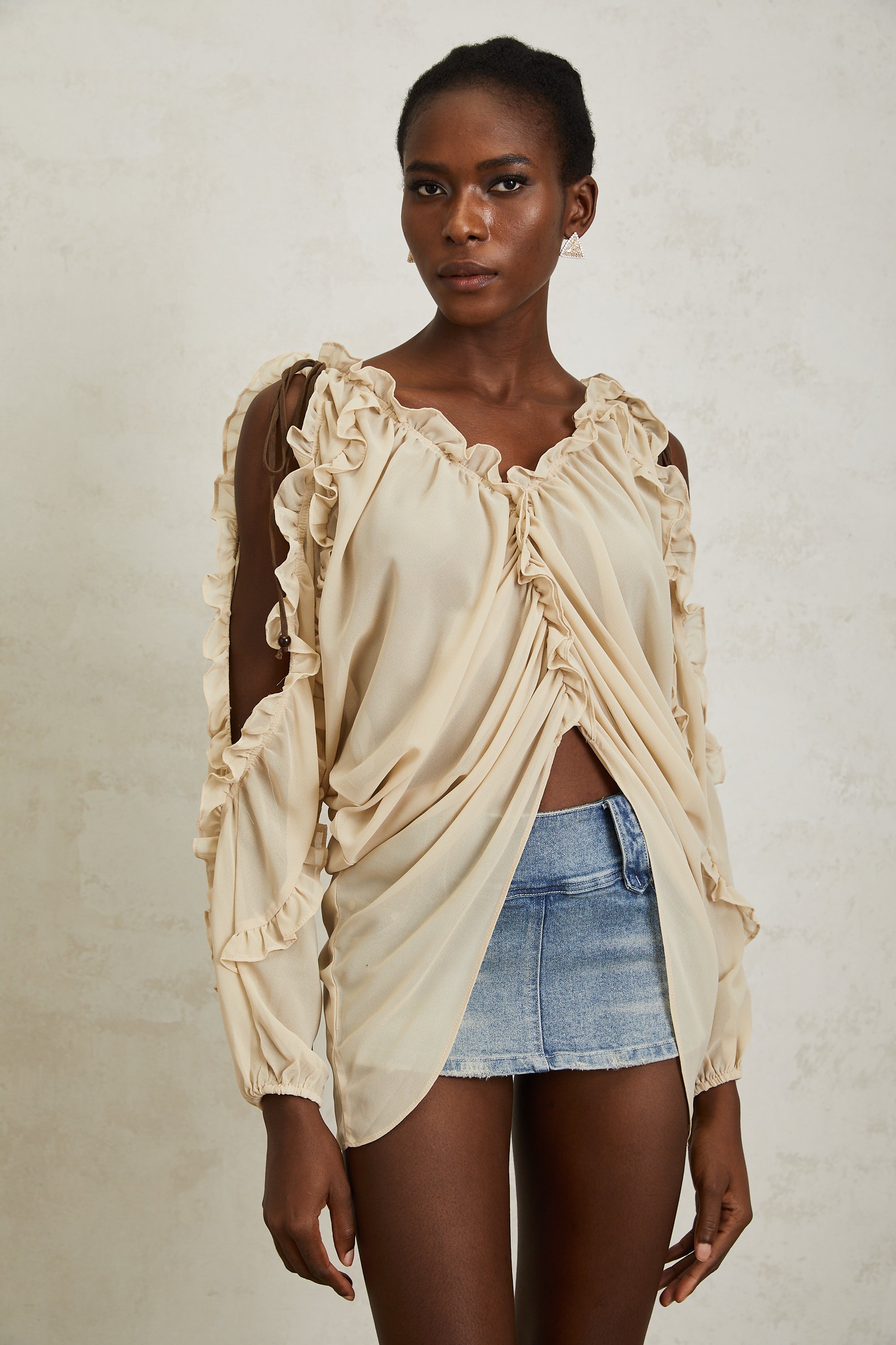 Priscille Neutral Ruffled Trim Chiffon Blouse