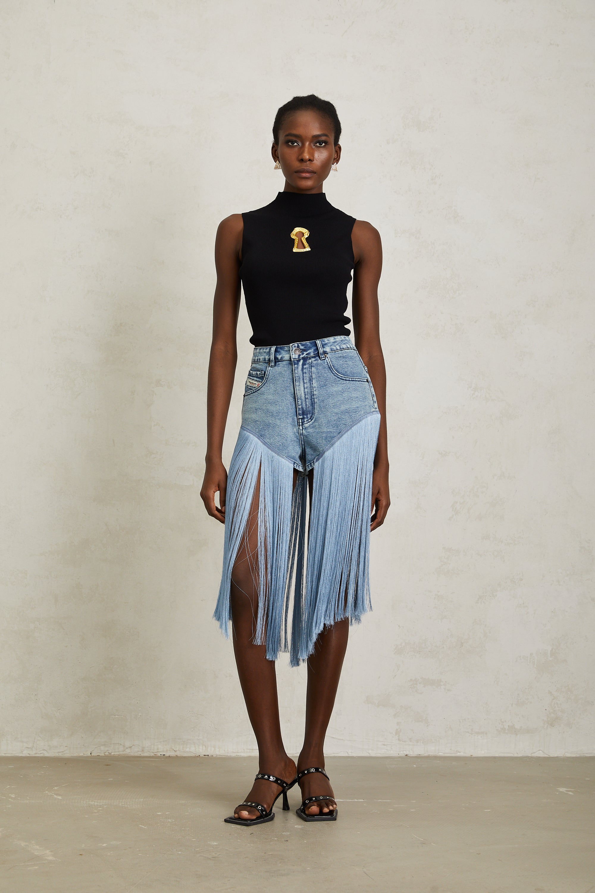 Martina Blue Fringed Panel Denim Shorts