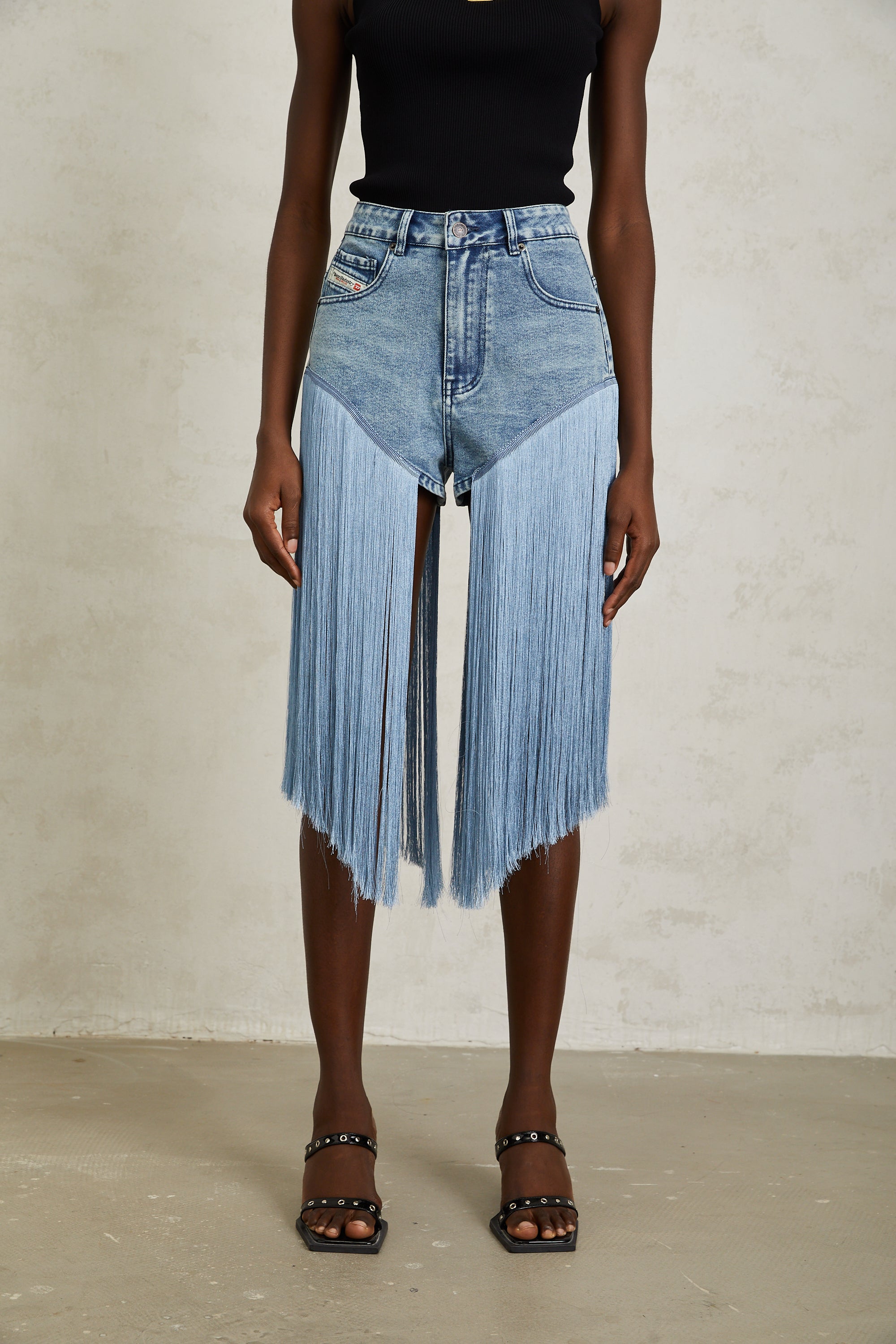 Martina Blue Fringed Panel Denim Shorts
