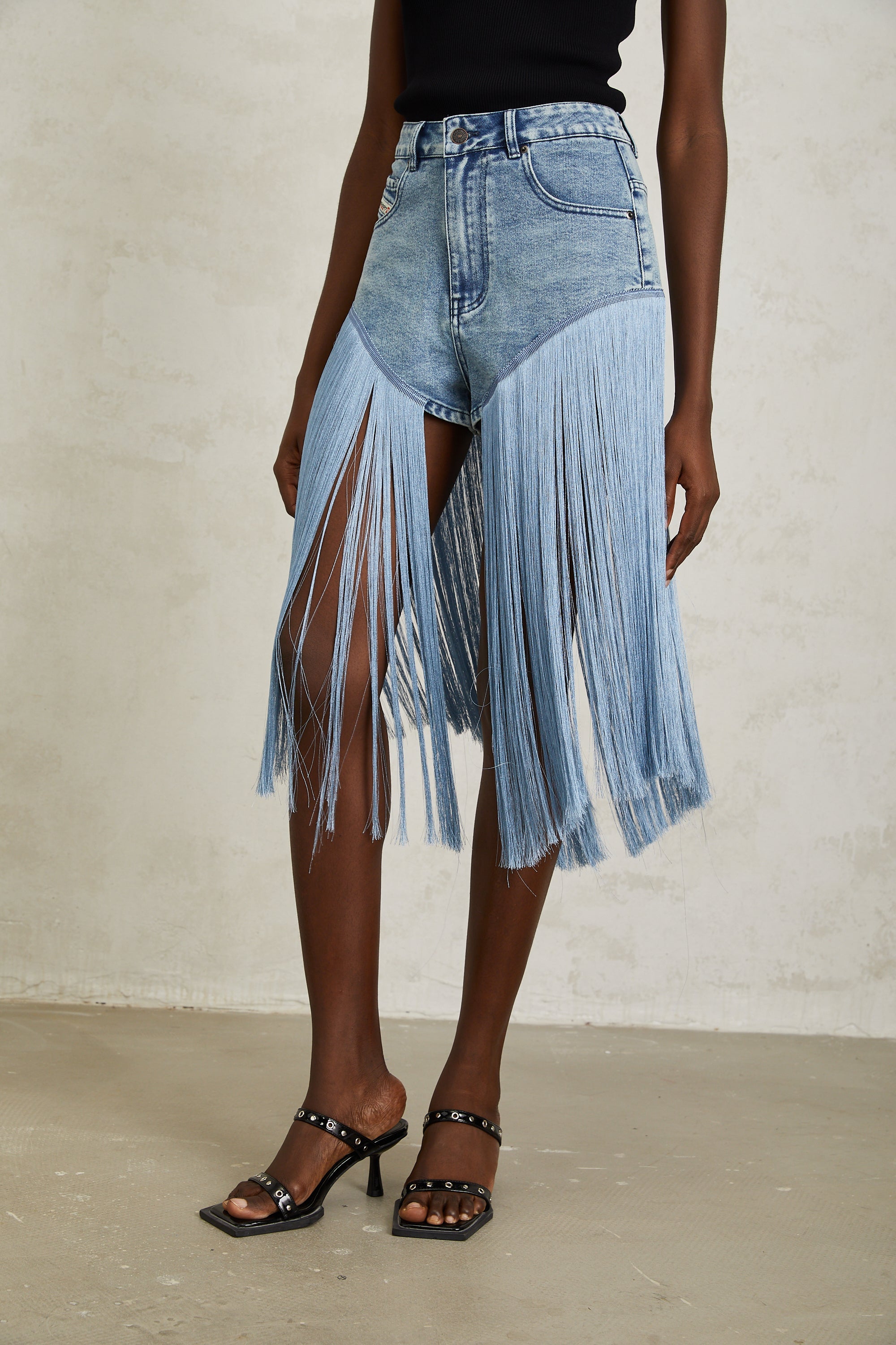 Martina Blue Fringed Panel Denim Shorts