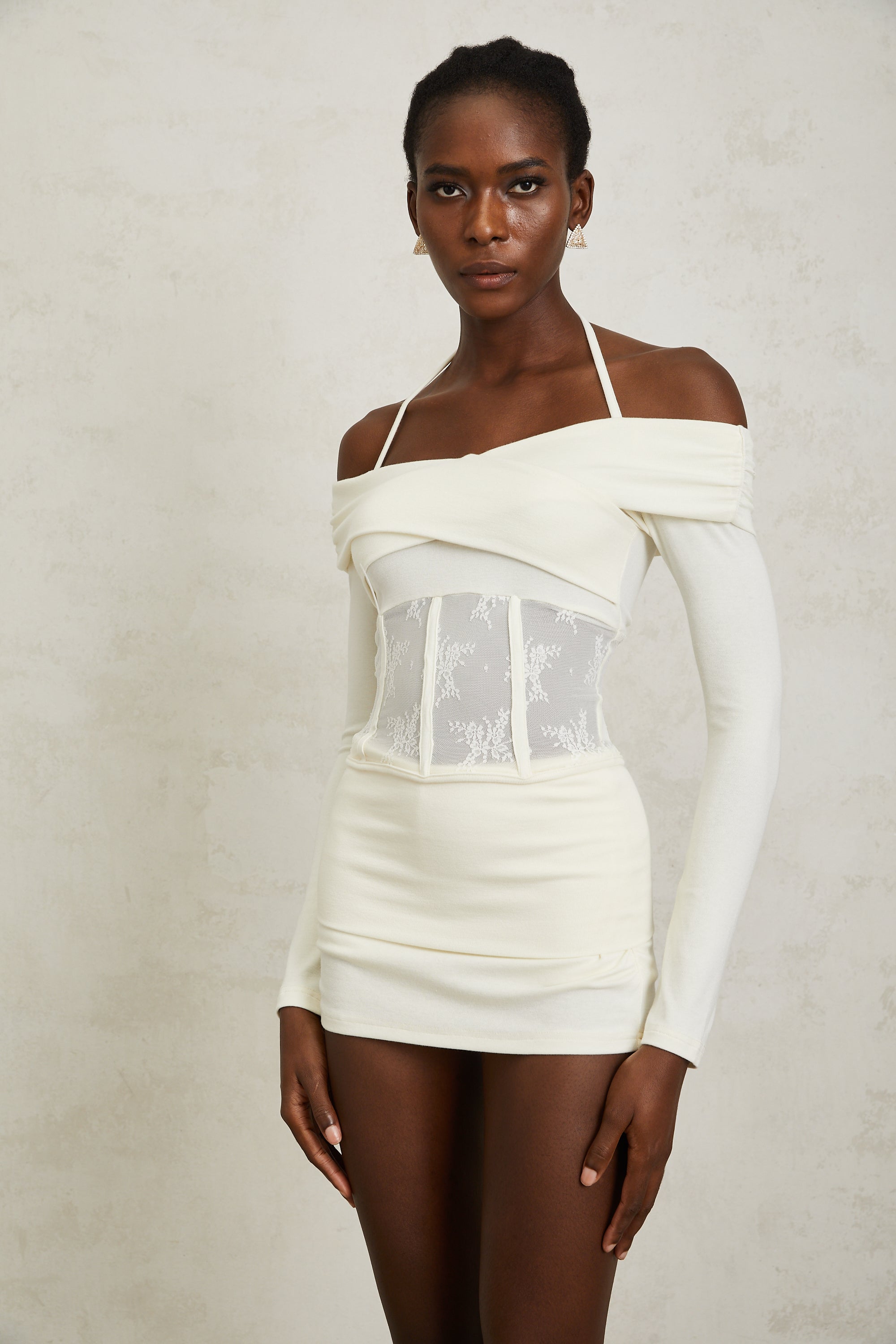 Coralie White Lace Panel Knit Blouse & Skirt Set