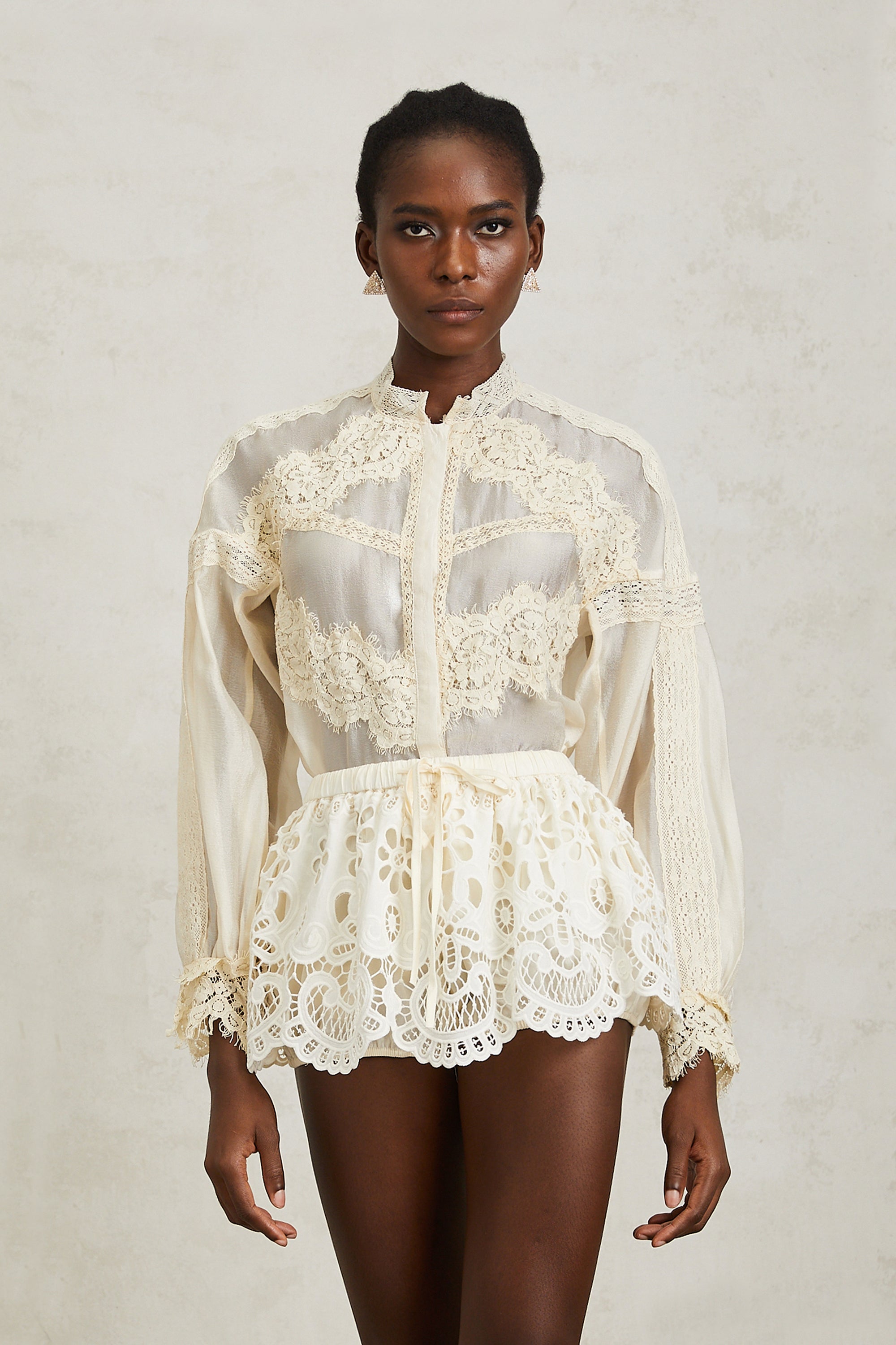 Noa Neutral Floral Lace Blouse & Skirt Set