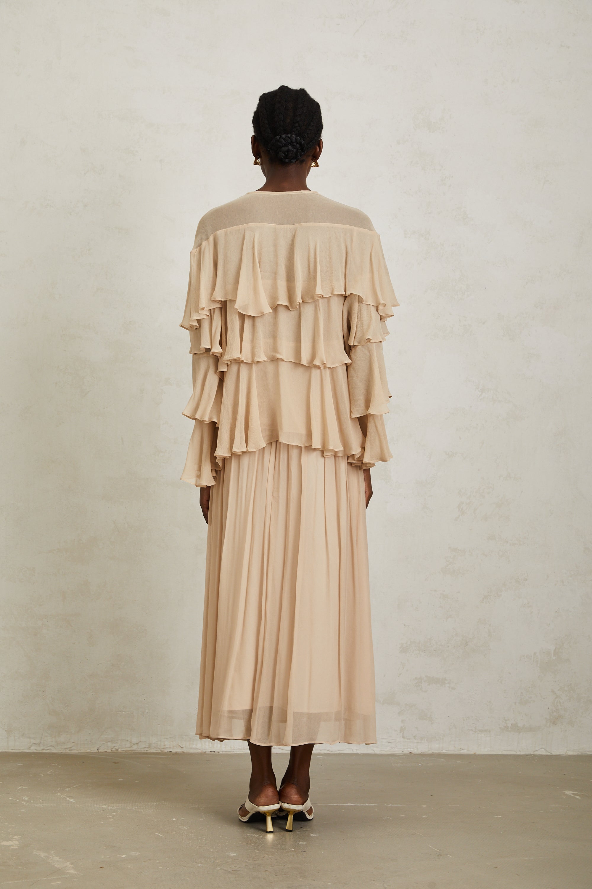 Brigitte Neutral Layered Chiffon Blouse & Skirt Set (Final Sale)