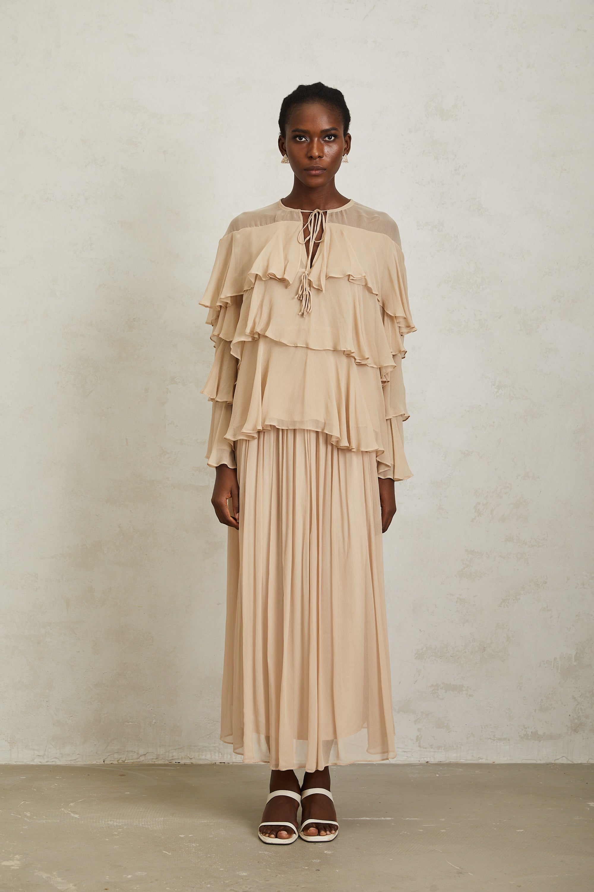 Brigitte Neutral Layered Chiffon Blouse & Skirt Set (Final Sale)