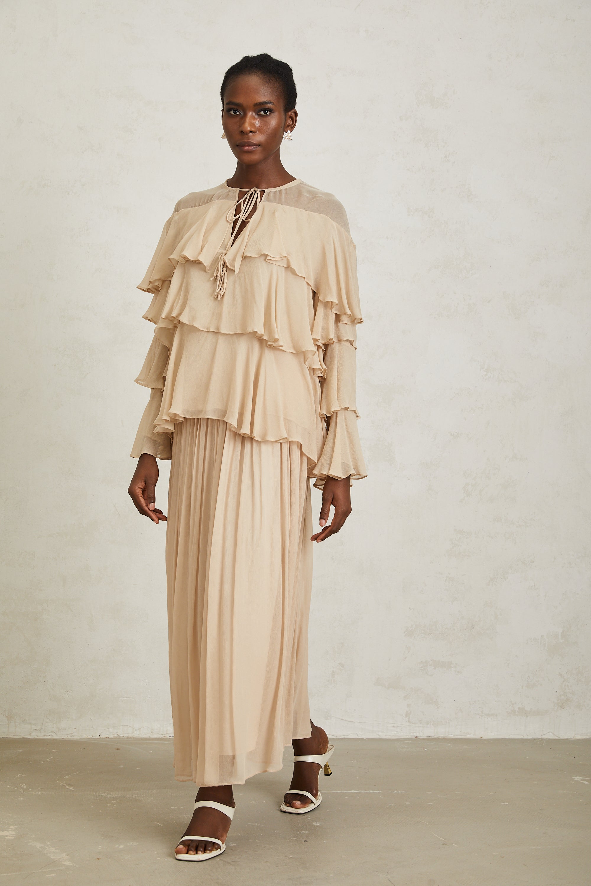Brigitte Neutral Layered Chiffon Blouse & Skirt Set (Final Sale)