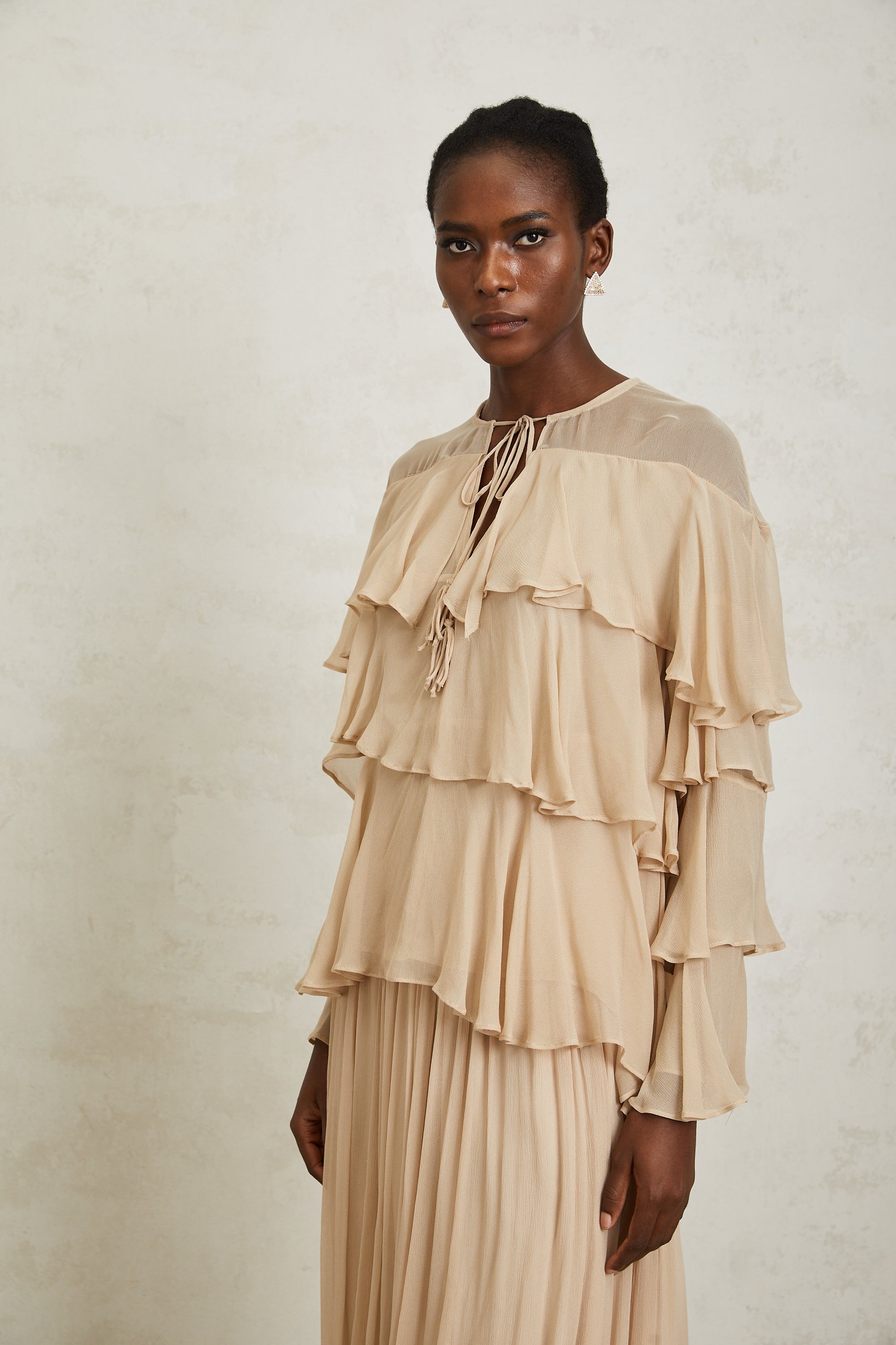 Brigitte Neutral Layered Chiffon Blouse & Skirt Set (Final Sale-US Only)