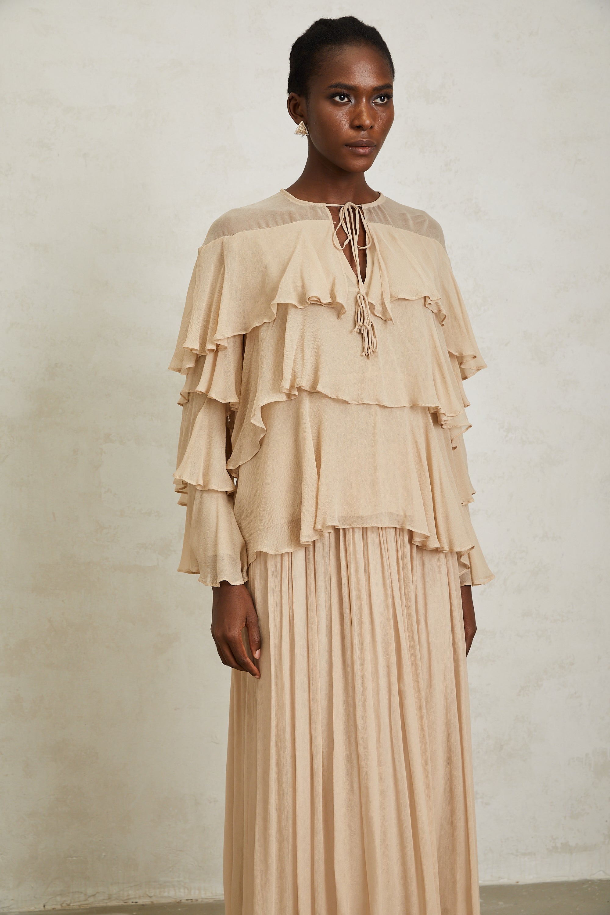 Brigitte Neutral Layered Chiffon Blouse & Skirt Set (Final Sale)