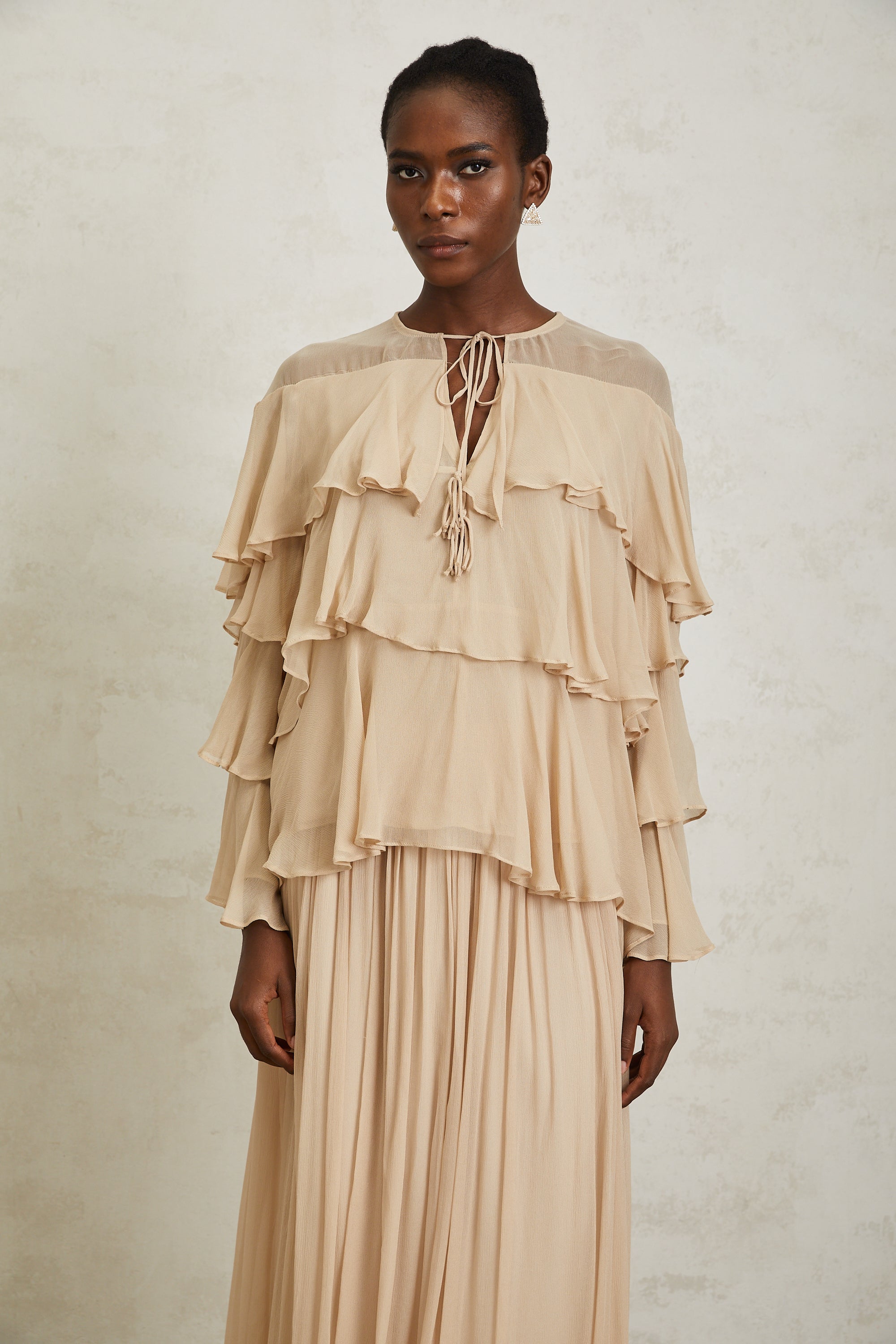 Brigitte Neutral Layered Chiffon Blouse & Skirt Set (Final Sale-US Only)