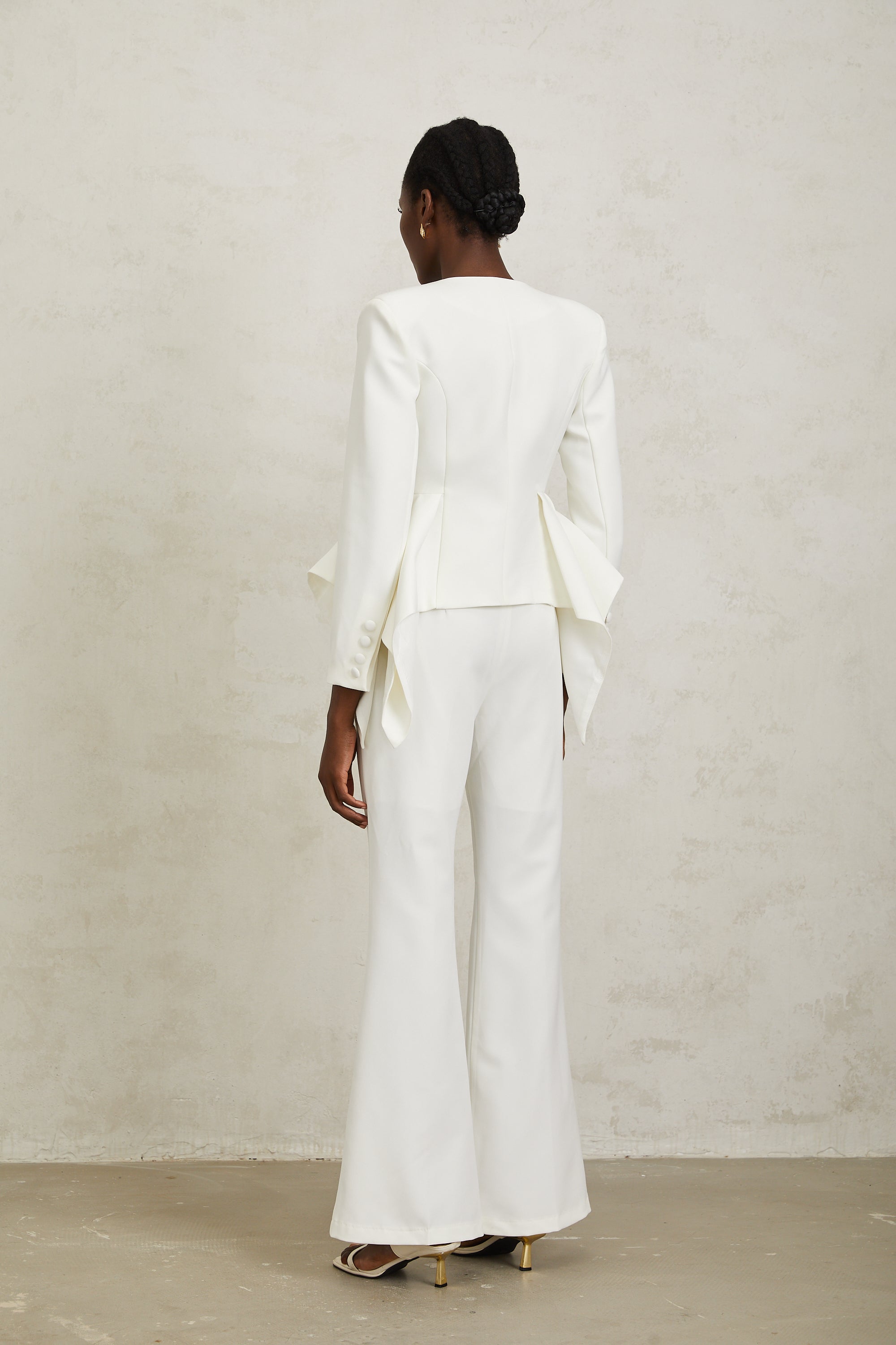 Luisa White Peplum Ruffled Waist Jacket & Trousers Set