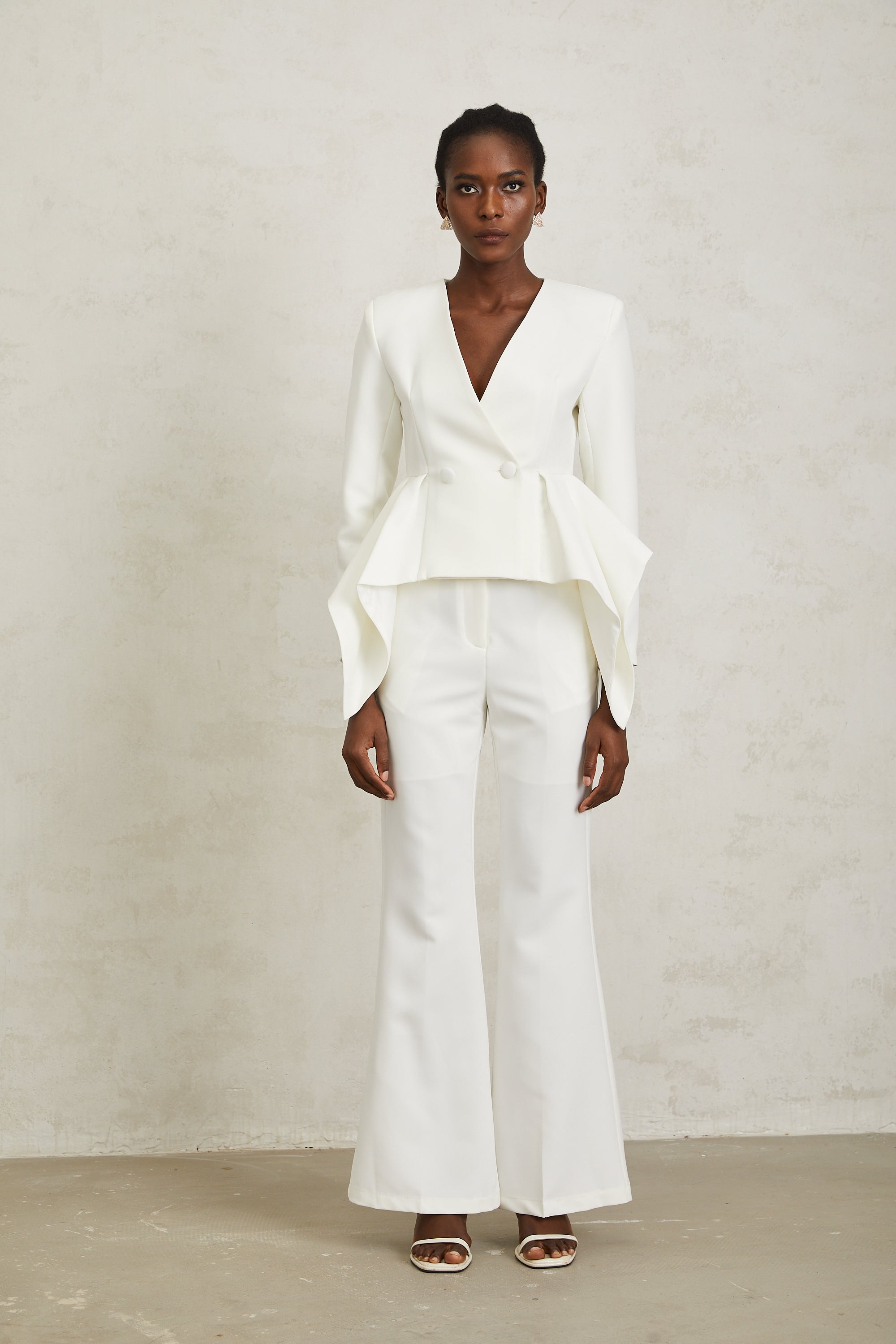 Luisa White Peplum Ruffled Waist Jacket & Trousers Set