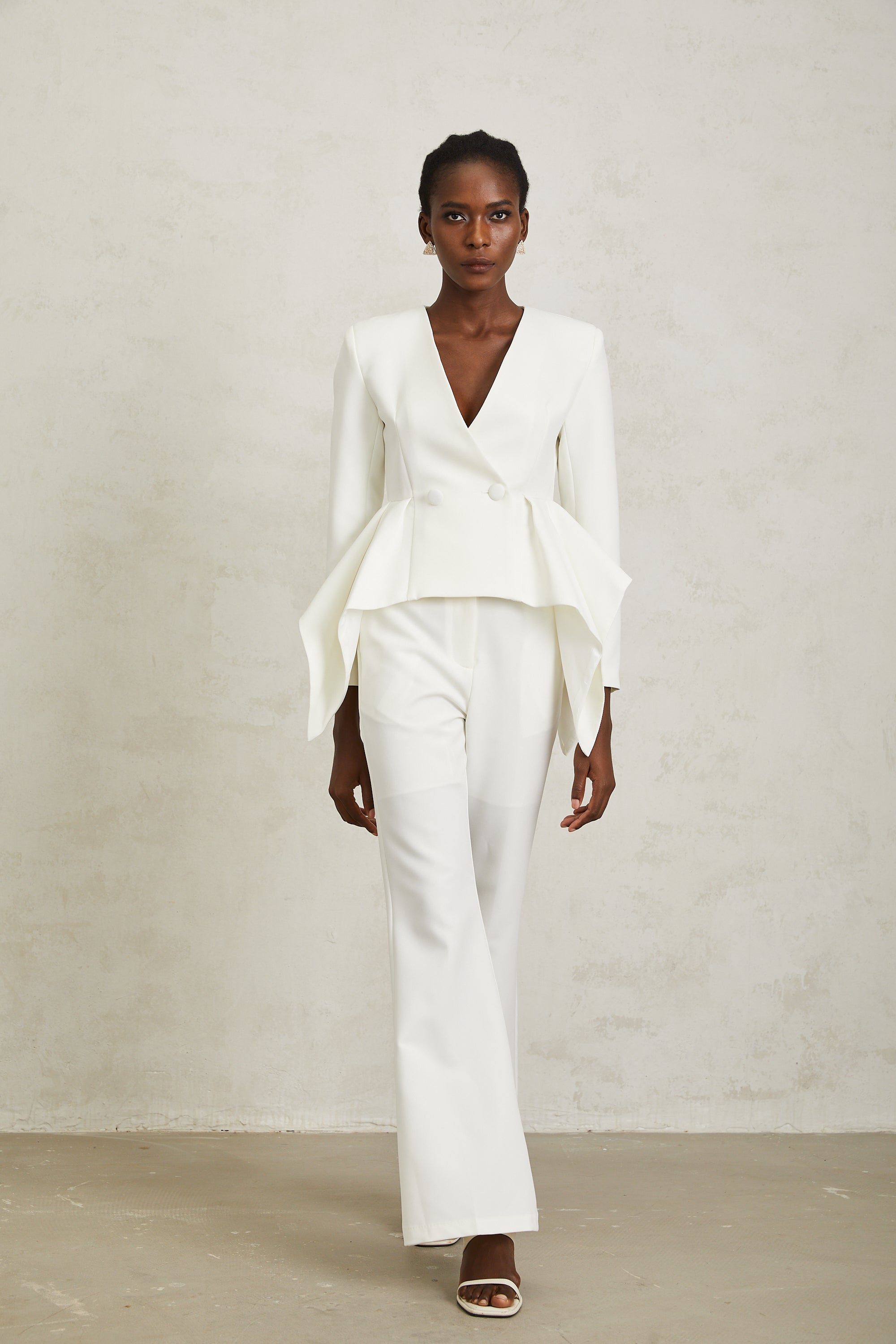 Luisa White Peplum Ruffled Waist Jacket & Trousers Set