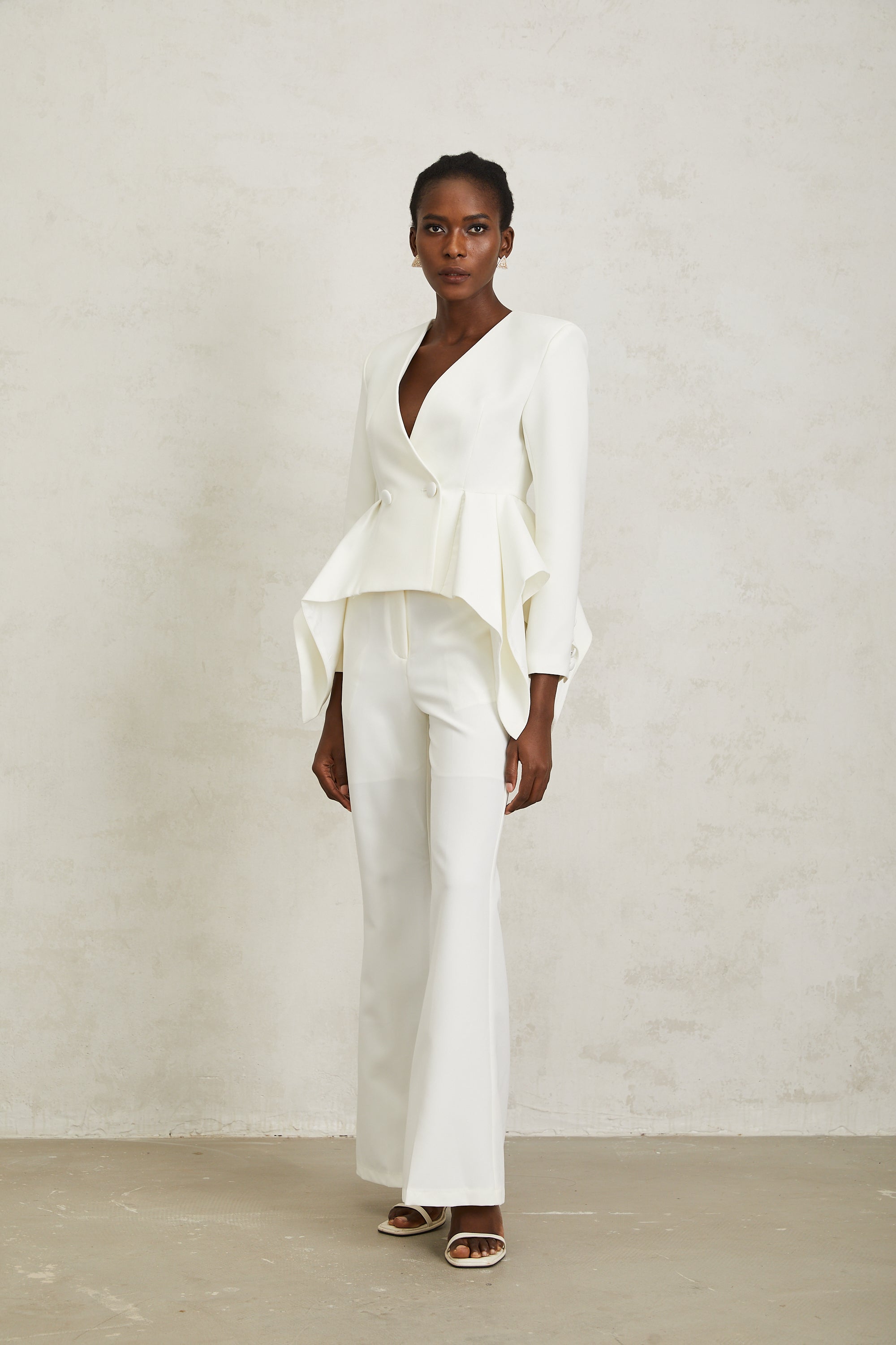 Luisa White Peplum Ruffled Waist Jacket & Trousers Set