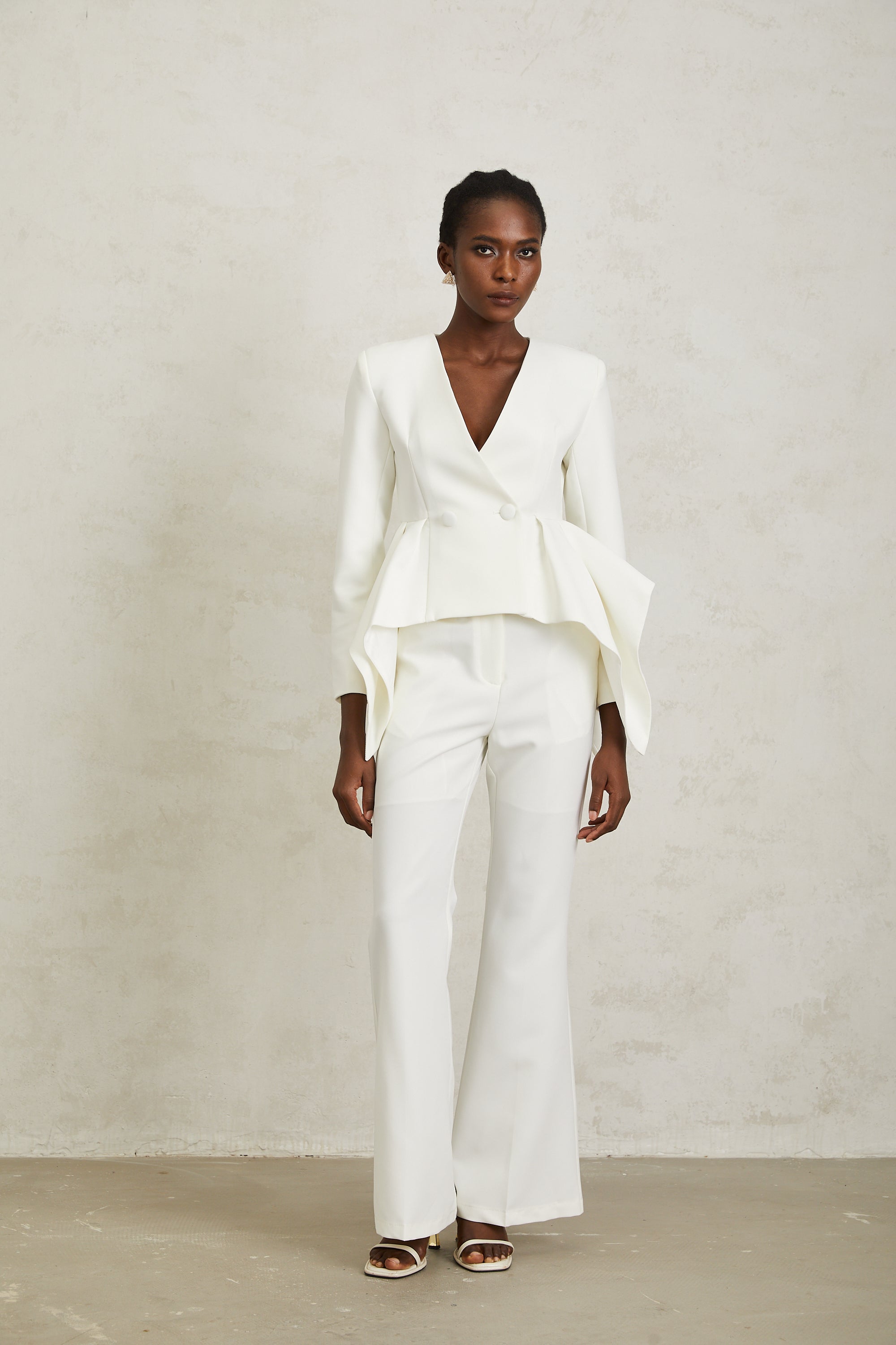 Luisa White Peplum Ruffled Waist Jacket & Trousers Set