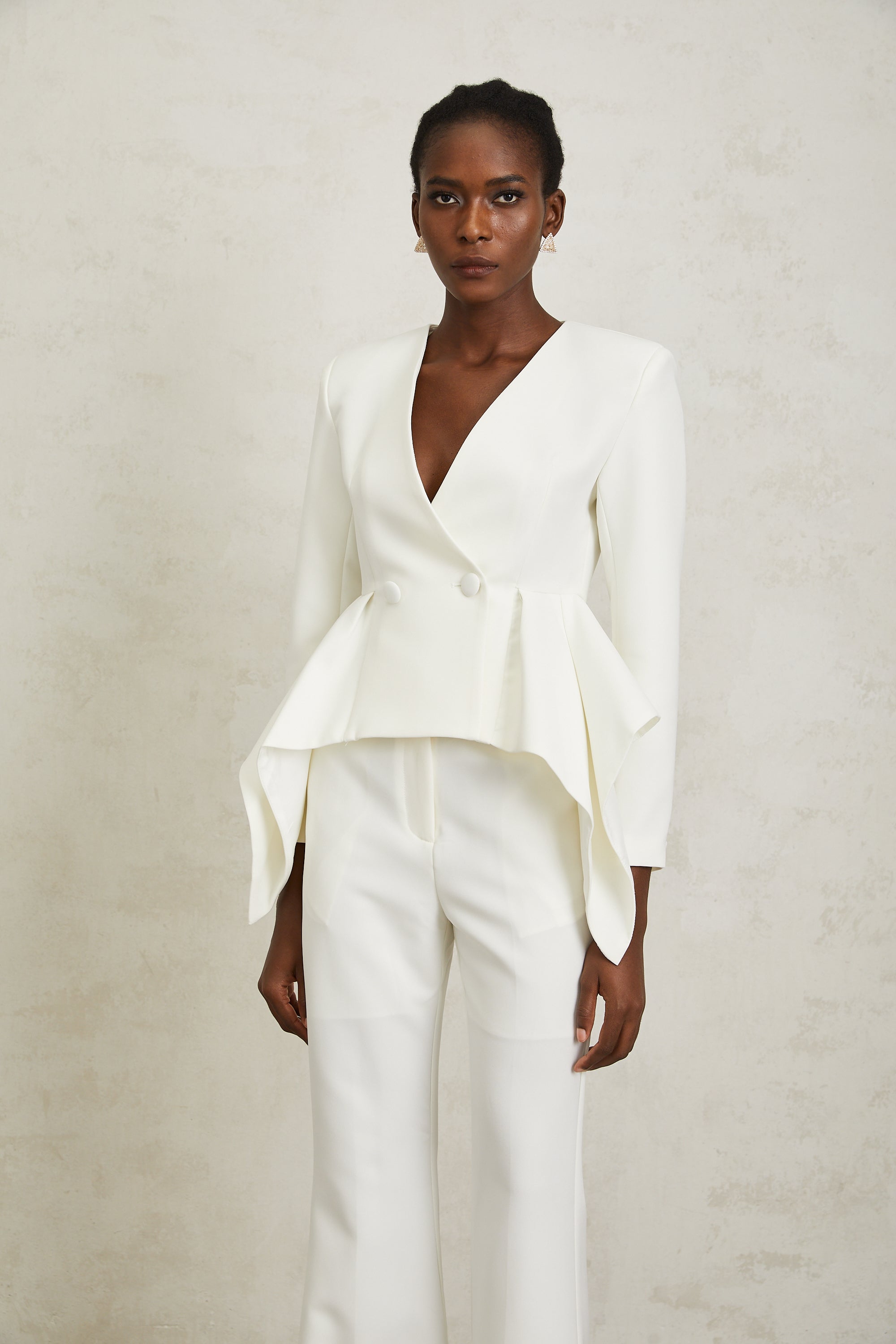 Luisa White Peplum Ruffled Waist Jacket & Trousers Set