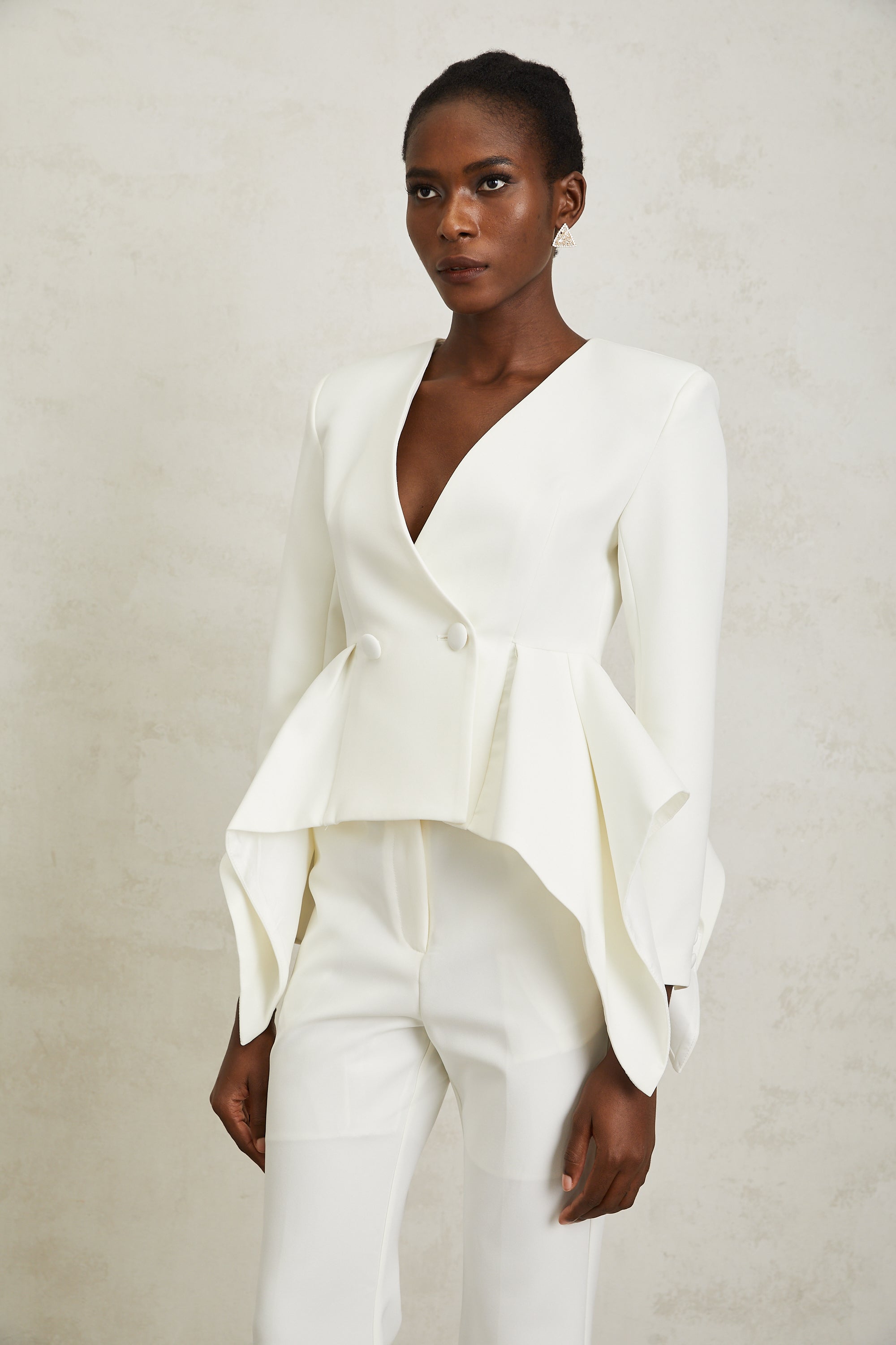 Luisa White Peplum Ruffled Waist Jacket & Trousers Set