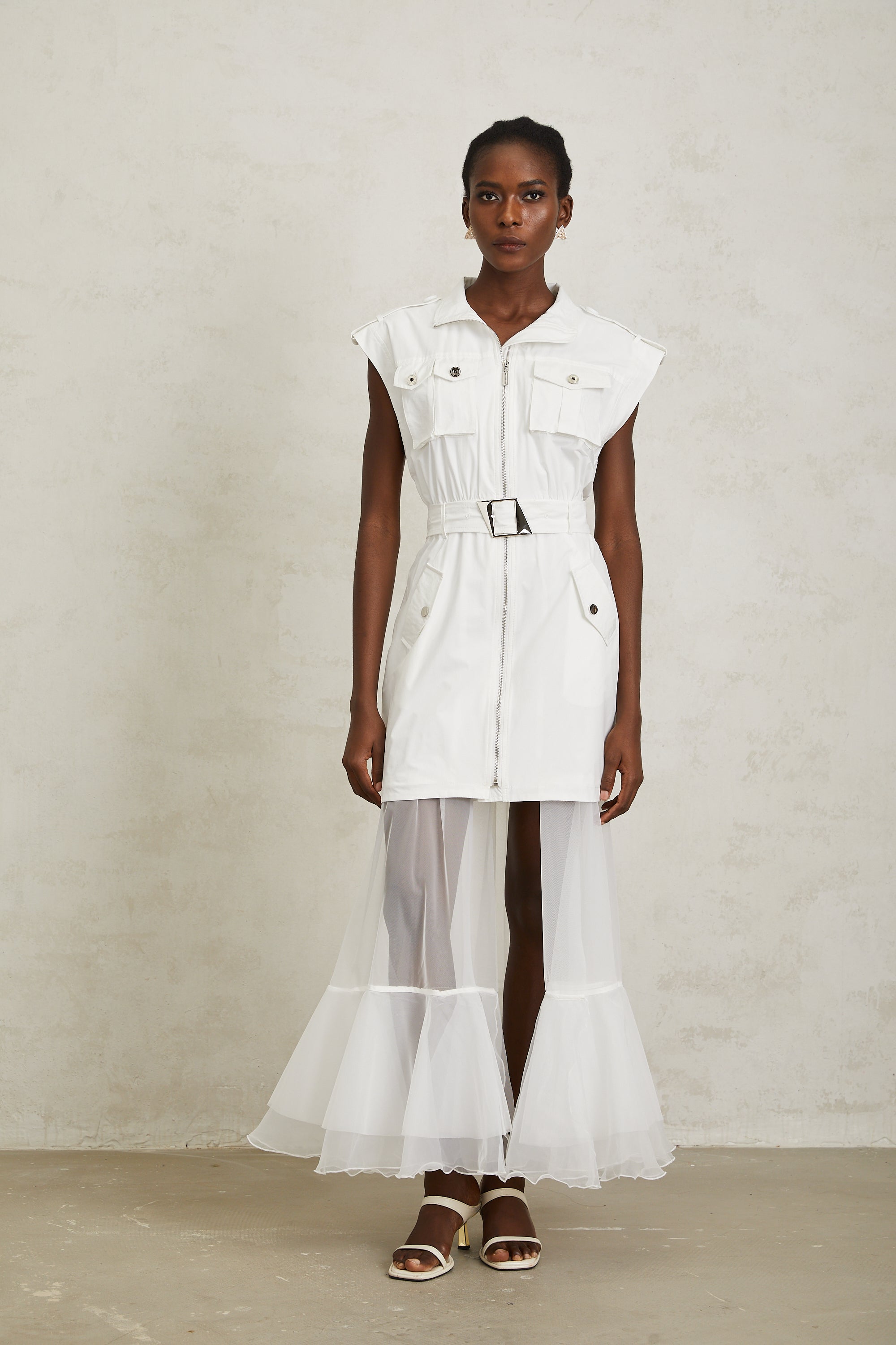 Juliette White Belted Tulle Panel Midi Dress