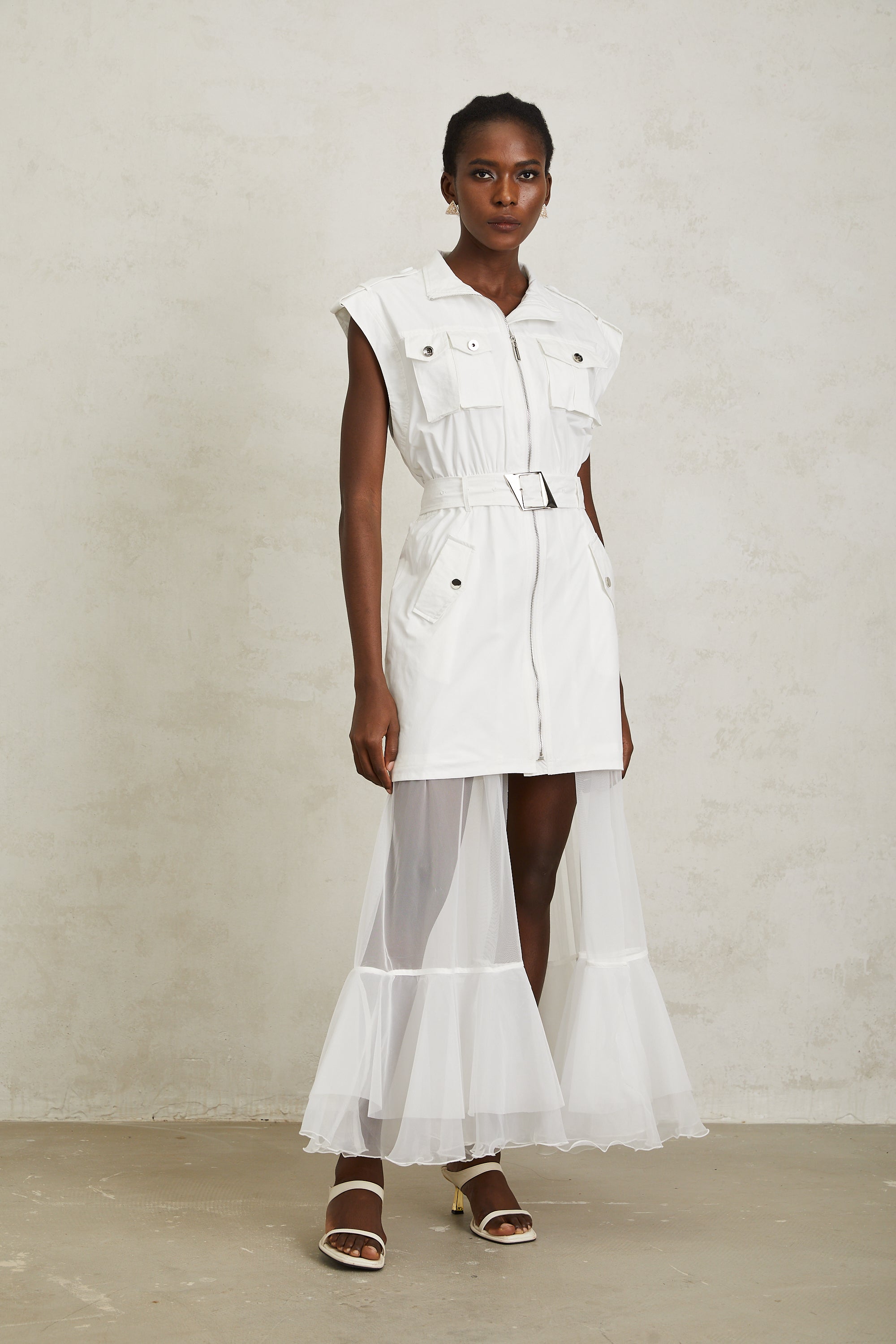 Juliette White Belted Tulle Panel Midi Dress