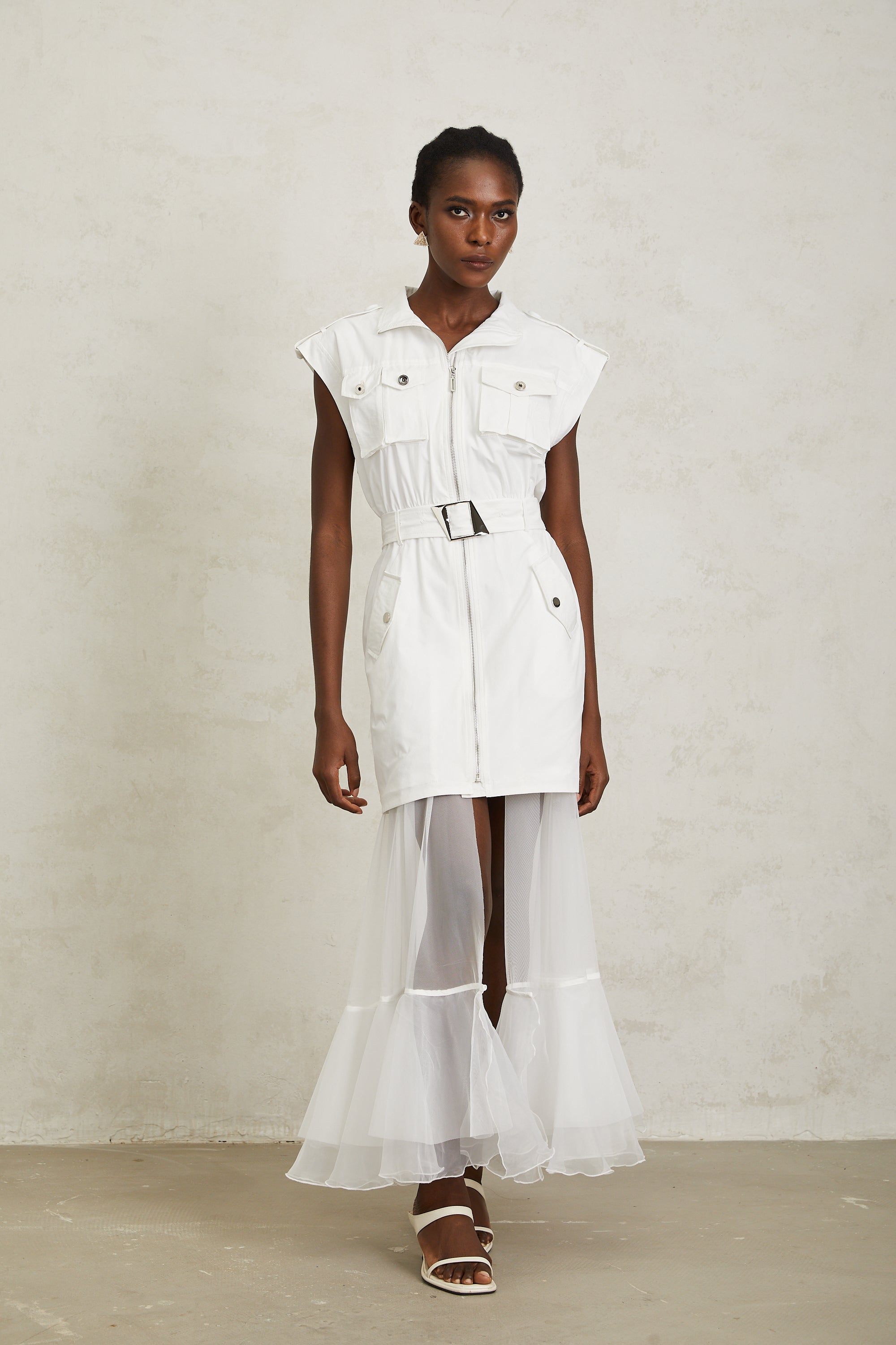 Juliette White Belted Tulle Panel Midi Dress