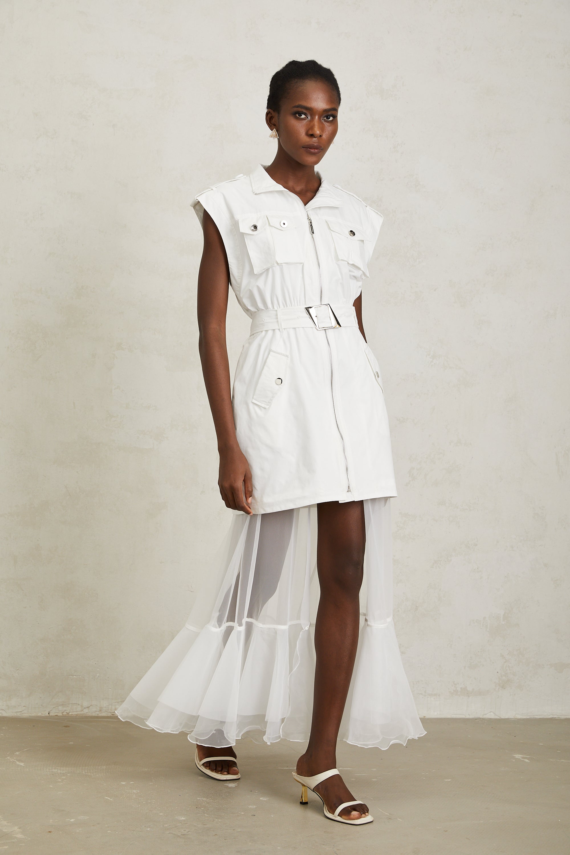Juliette White Belted Tulle Panel Midi Dress