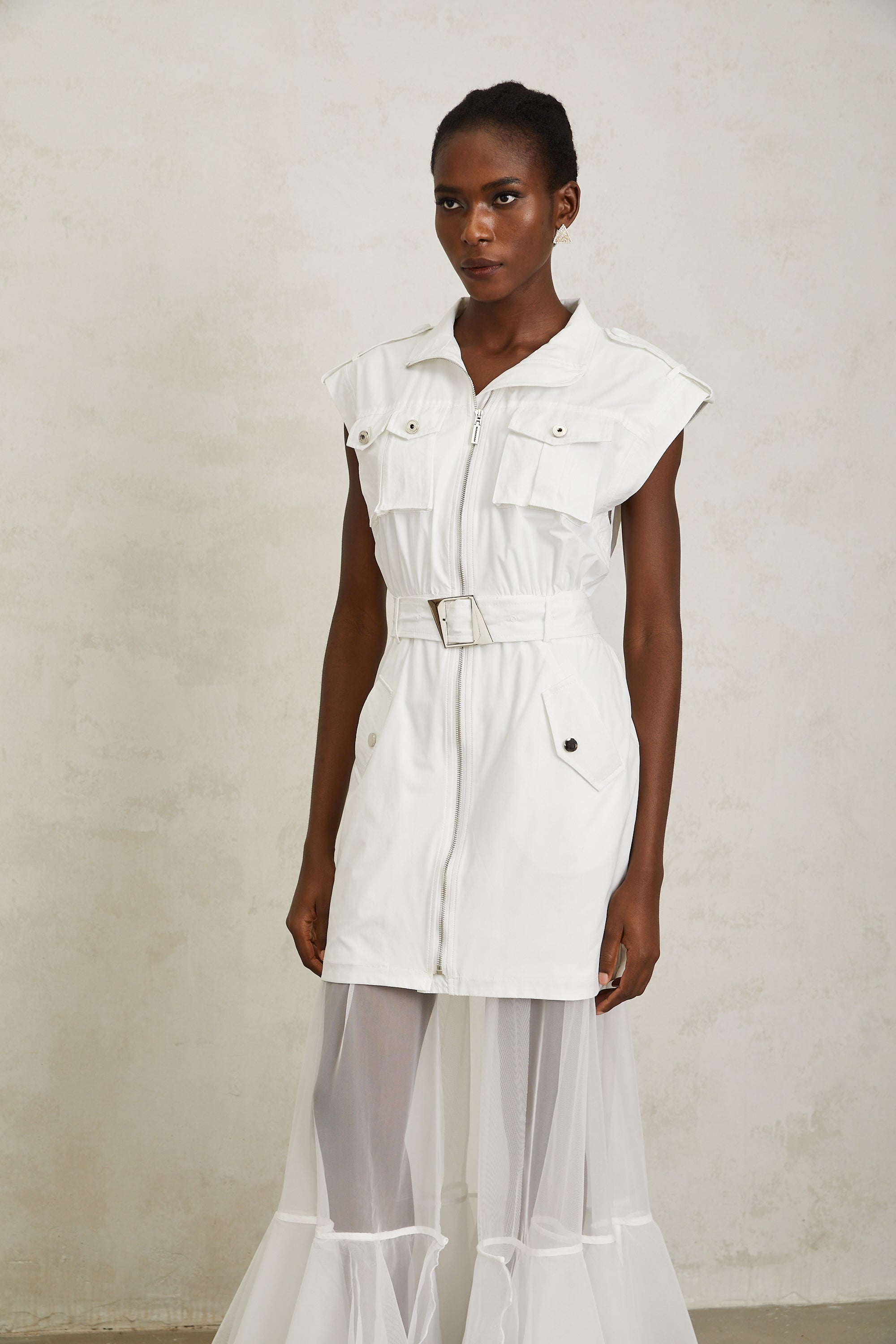 Juliette White Belted Tulle Panel Midi Dress