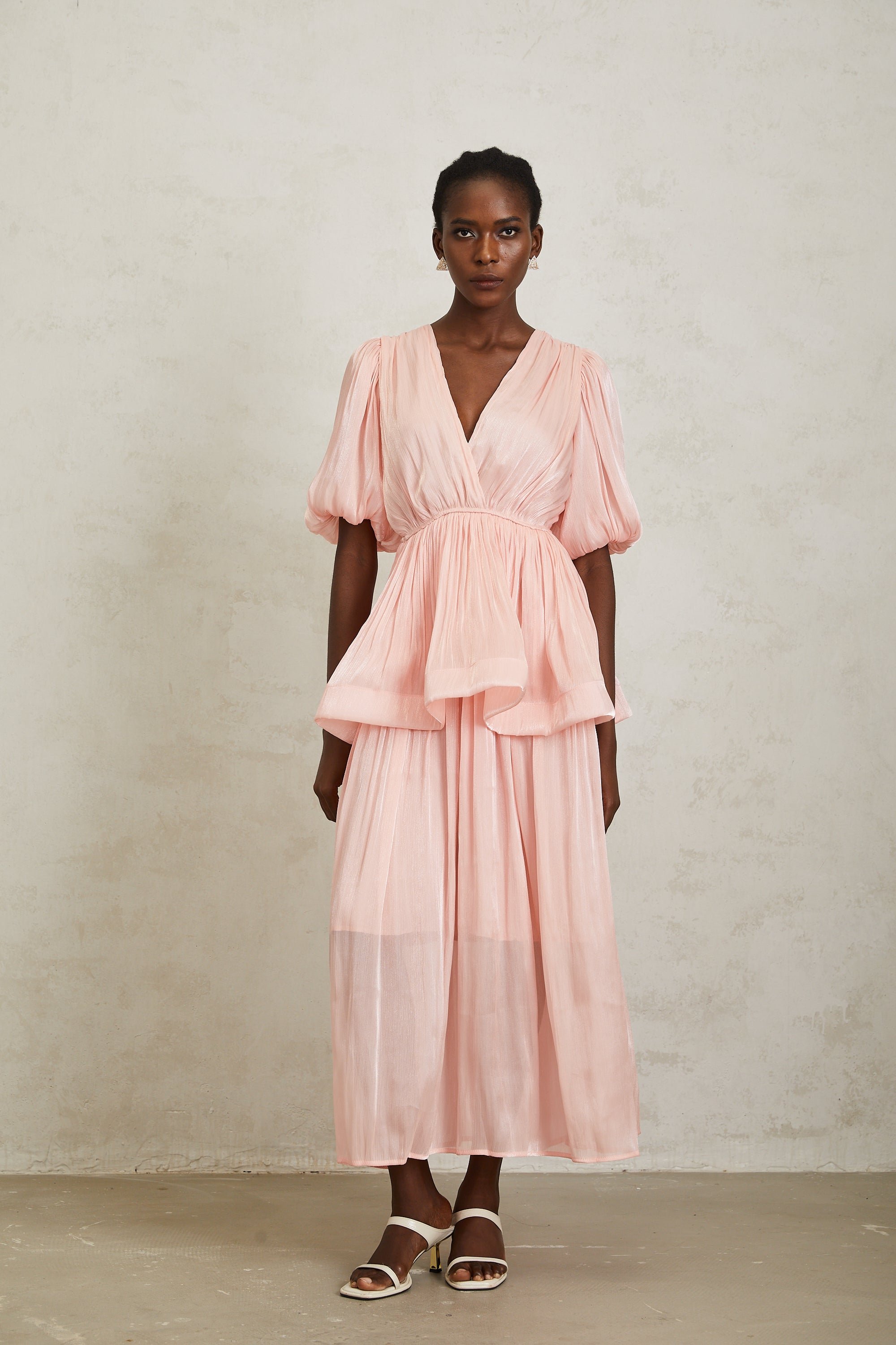 Joyanna Pink Pleated Glossy Maxi Dress (Final Sale-US Only)