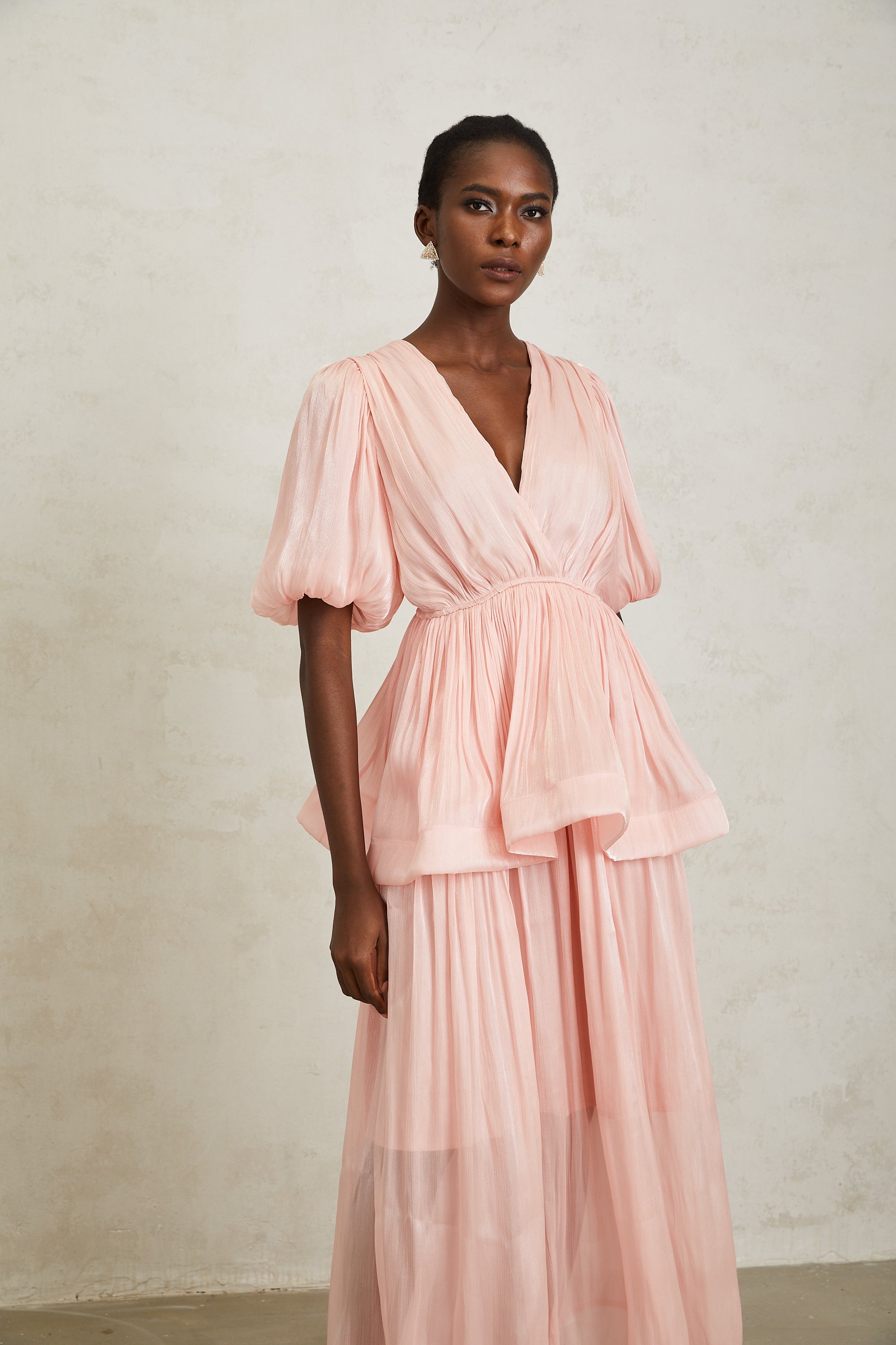 Joyanna Pink Pleated Glossy Maxi Dress (Final Sale-US Only)